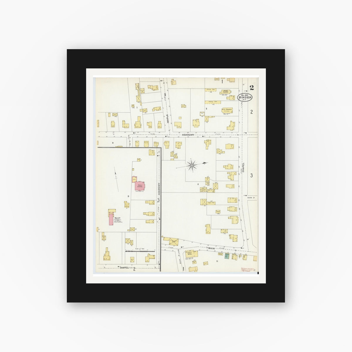 Old map wall art mockup — black gallery frame with white mat — Sanborn Fire Insurance Map from Windsor, Broome County, New York (1905), Sheet #0002