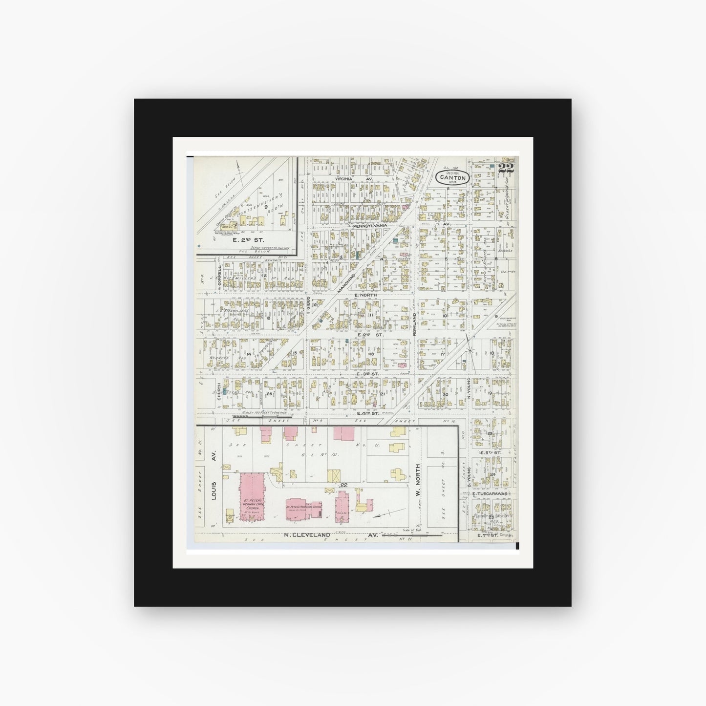 Old map wall art mockup — black gallery frame with white mat — Sanborn Fire Insurance Map from Canton, Stark County, Ohio (1891), Sheet #0022