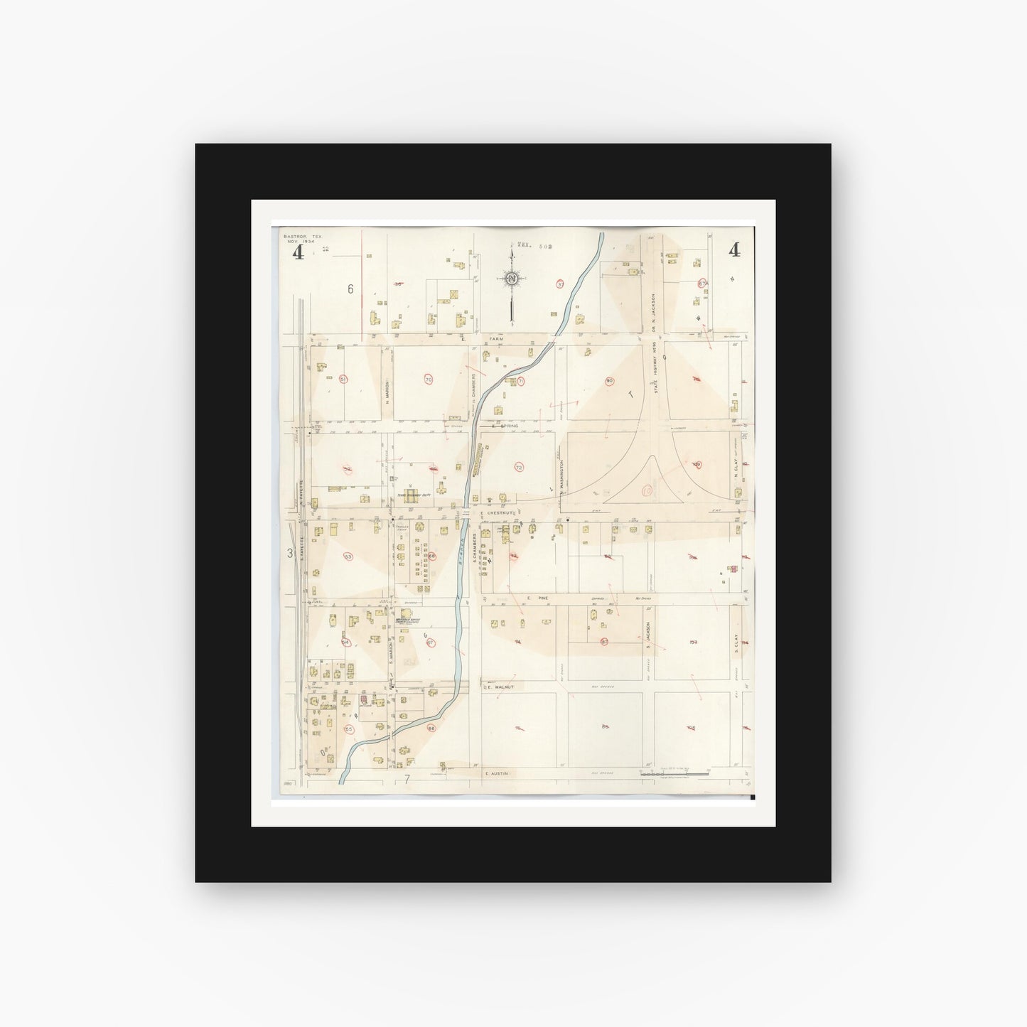 Old map wall art mockup — black gallery frame with white mat — Sanborn Fire Insurance Map from Bastrop, Bastrop County, Texas (1944), Sheet #0004