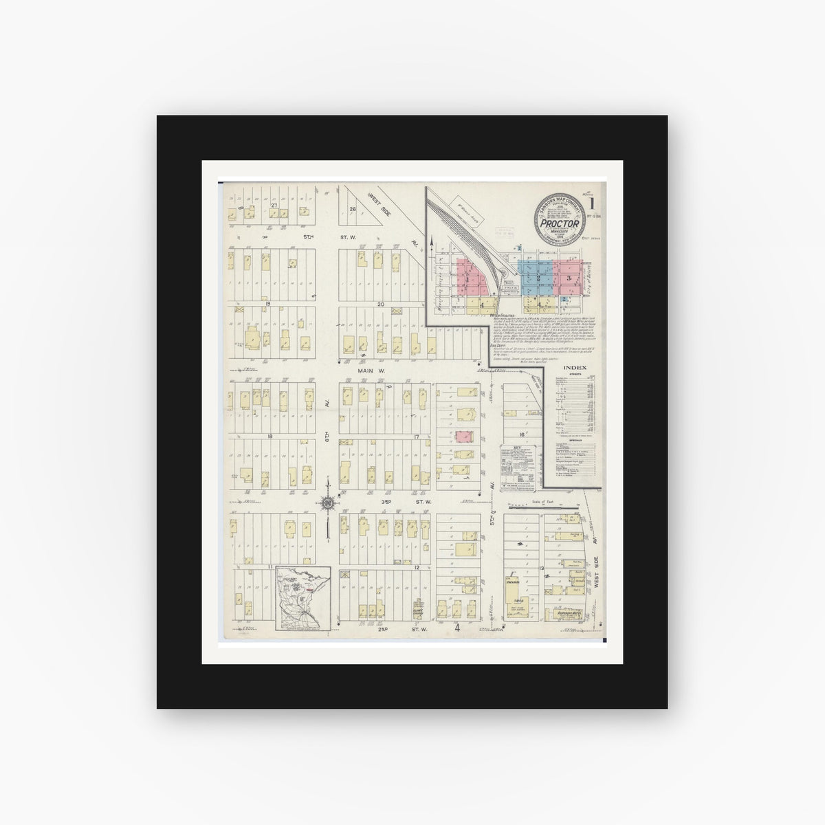 Old map wall art mockup — black gallery frame with white mat — Sanborn Fire Insurance Map from Proctor, Saint Louis County, Minnesota (1914) - Complete Map Set