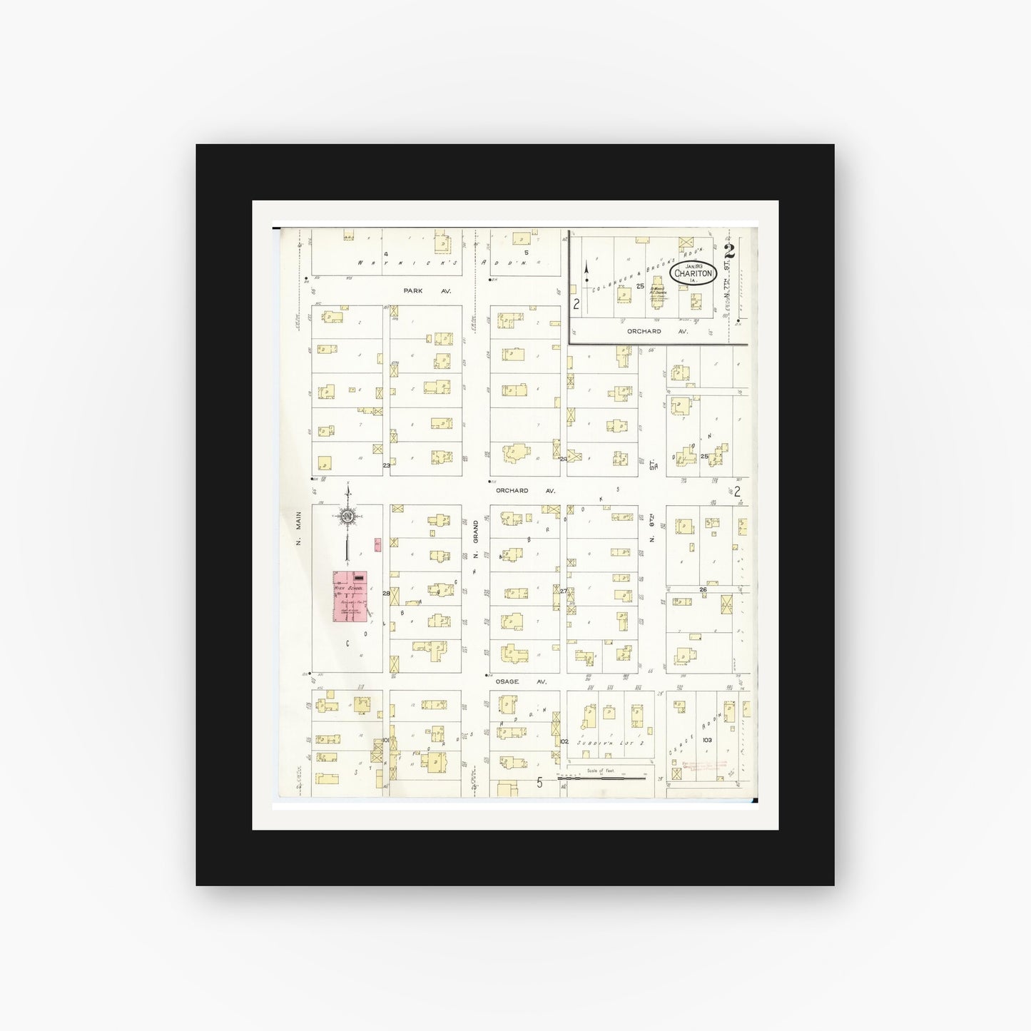 Old map wall art mockup — black gallery frame with white mat — Sanborn Fire Insurance Map from Chariton, Lucas County, Iowa (1913), Sheet #0002