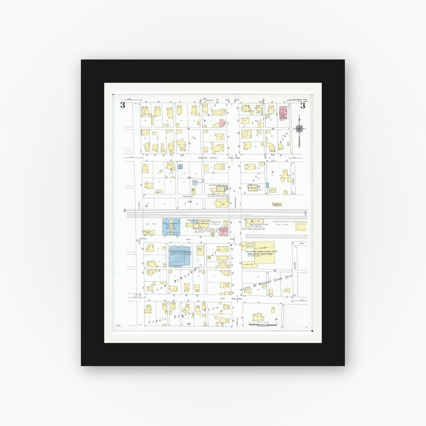 Old map wall art mockup — black gallery frame with white mat — Sanborn Fire Insurance Map from Saint Paris, Champaign County, Ohio (1948), Sheet #0003