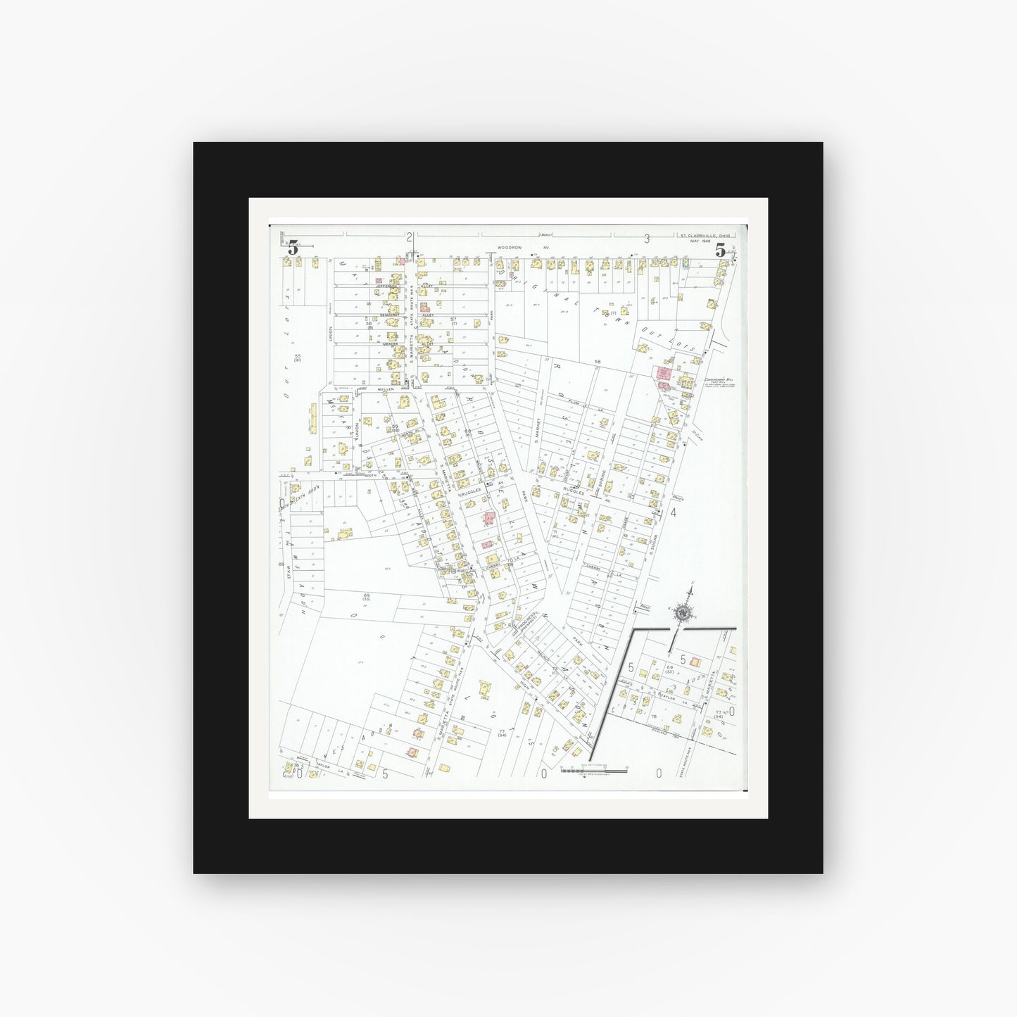 Old map wall art mockup — black gallery frame with white mat — Sanborn Fire Insurance Map from Saint Clairsville, Belmont County, Ohio (1946), Sheet #0005