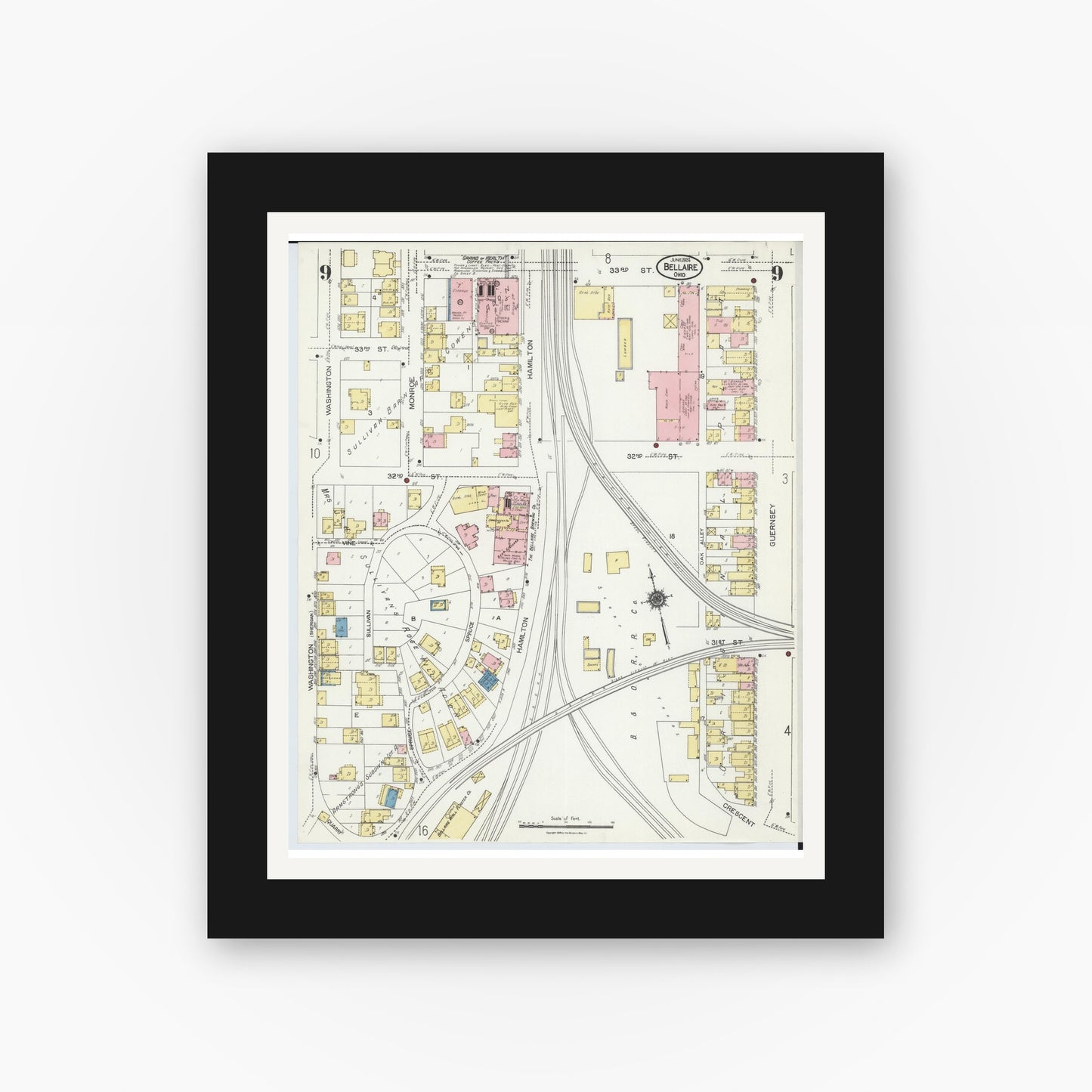Old map wall art mockup — black gallery frame with white mat — Sanborn Fire Insurance Map from Bellaire, Belmont County, Ohio (1924), Sheet #0009