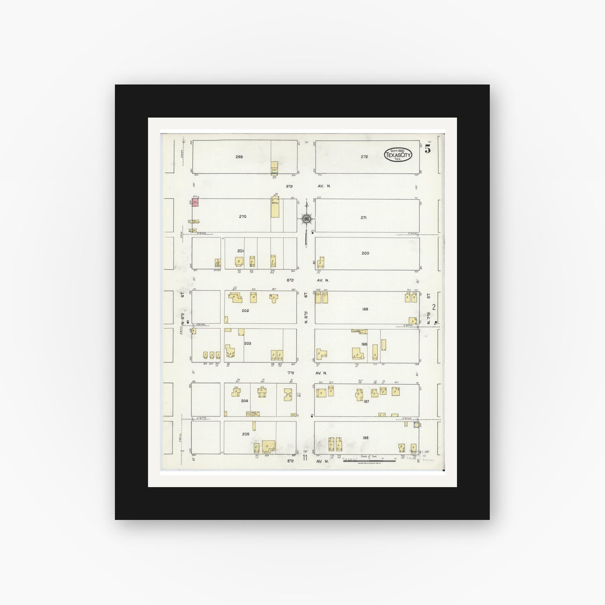 Old map wall art mockup — black gallery frame with white mat — Sanborn Fire Insurance Map from Texas City, Galveston County, Texas (1920), Sheet #0005