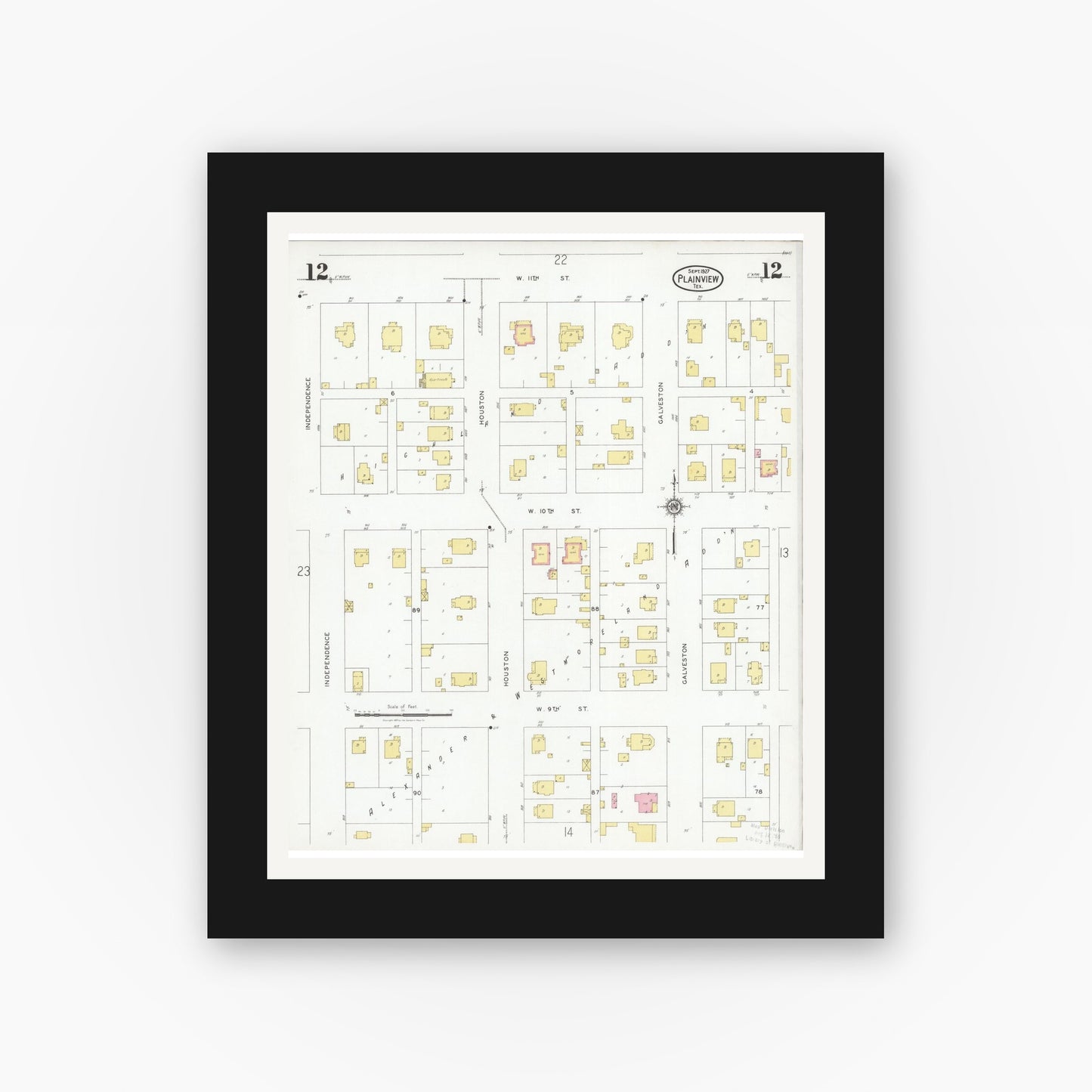 Old map wall art mockup — black gallery frame with white mat — Sanborn Fire Insurance Map from Plainview, Hale County, Texas (1927), Sheet #0012