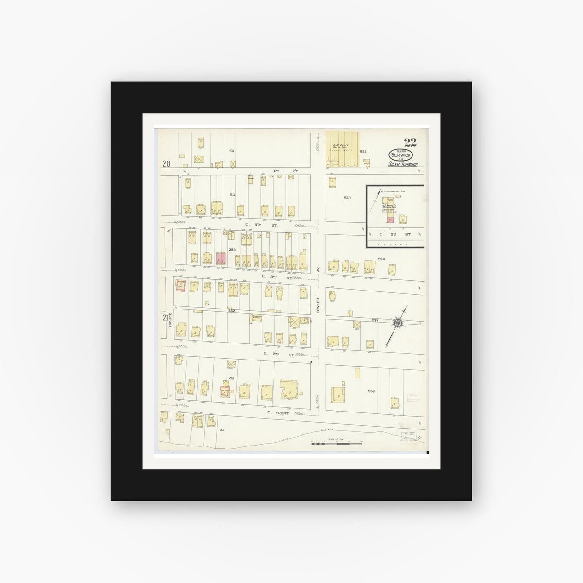 Old map wall art mockup — black gallery frame with white mat — Sanborn Fire Insurance Map from Berwick, Columbia County, Pennsylvania (1913), Sheet #0022