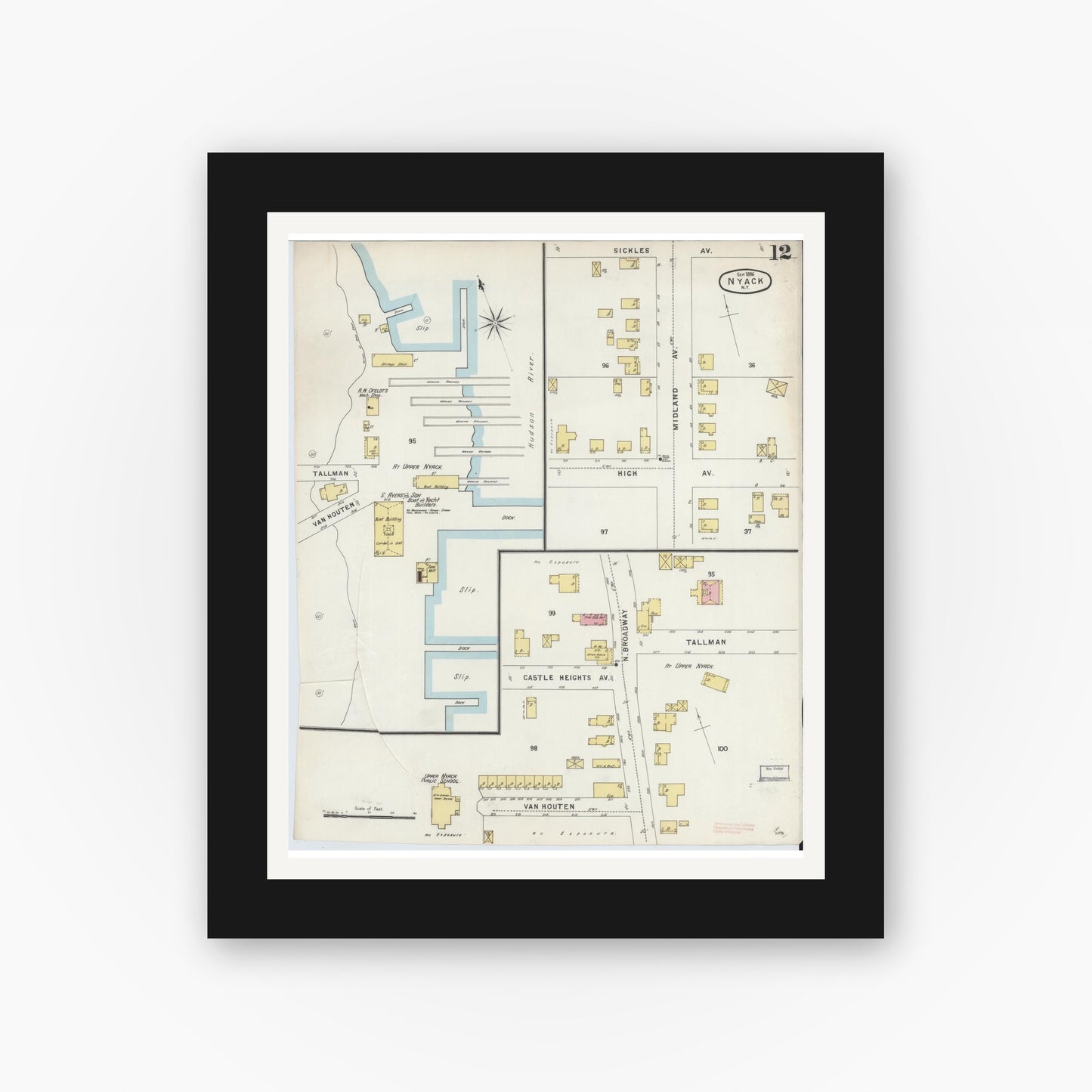 Old map wall art mockup — black gallery frame with white mat — Sanborn Fire Insurance Map from Nyack, Rockland County, New York. (1896), Sheet #0012