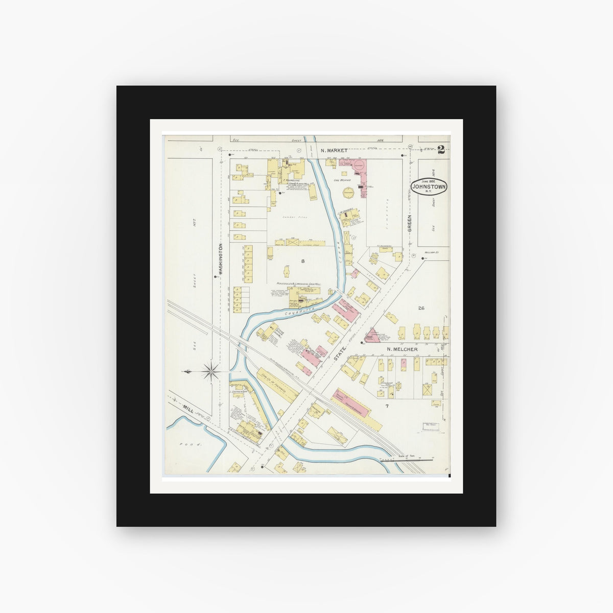 Old map wall art mockup — black gallery frame with white mat — Sanborn Fire Insurance Map from Johnstown, Fulton County, New York (1892), Sheet #0002