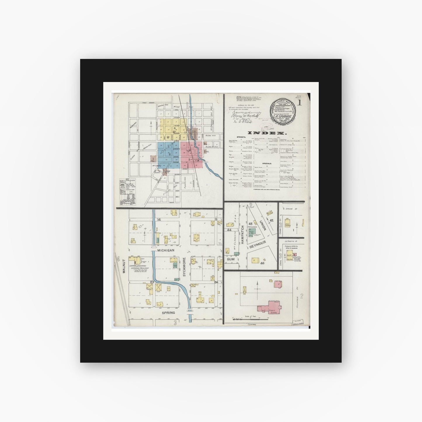 Old map wall art mockup — black gallery frame with white mat — Sanborn Fire Insurance Map from Lagrange, LaGrange County, Indiana (1892) - Complete Map Set