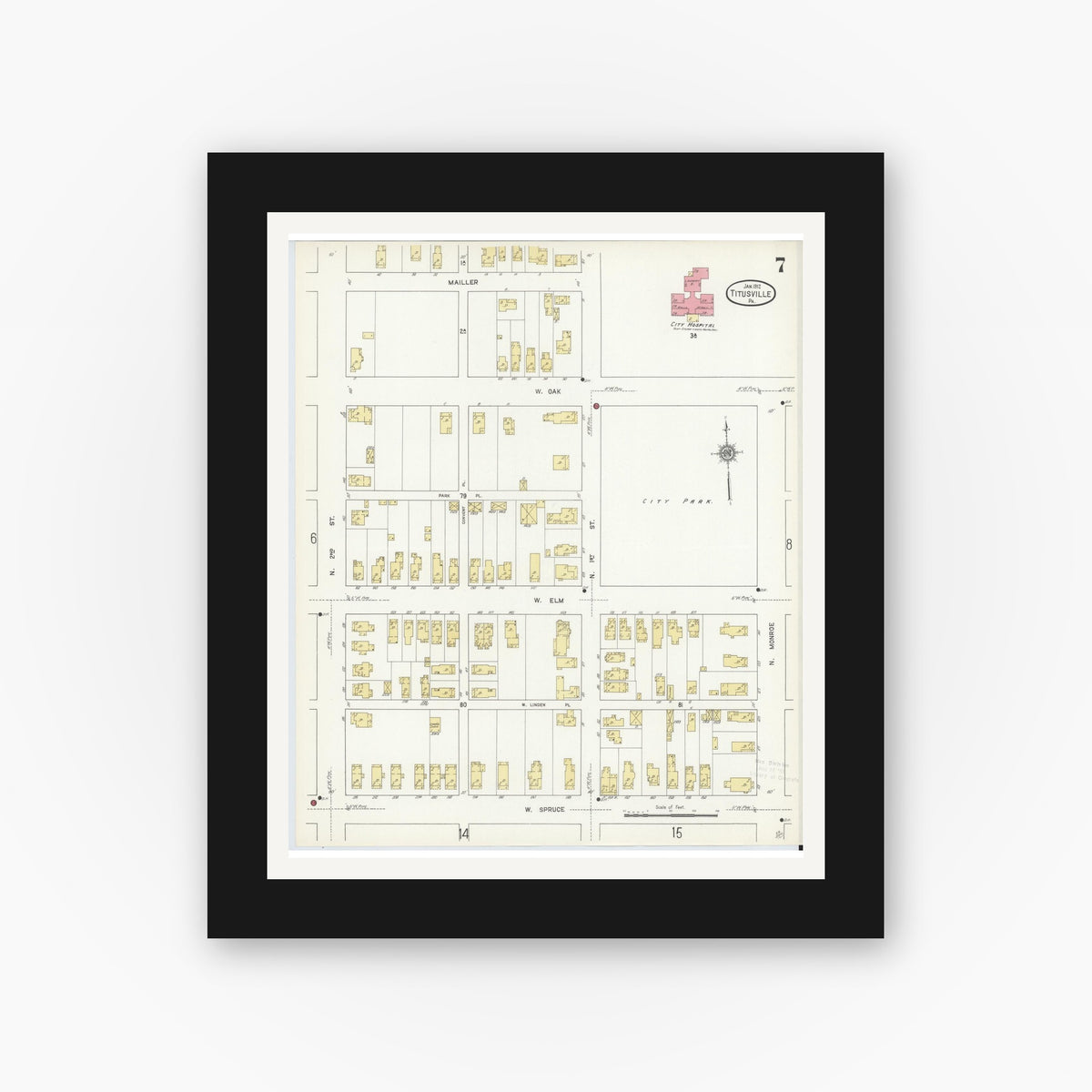 Old map wall art mockup — black gallery frame with white mat — Sanborn Fire Insurance Map from Titusville, Crawford County, Pennsylvania (1912), Sheet #0007