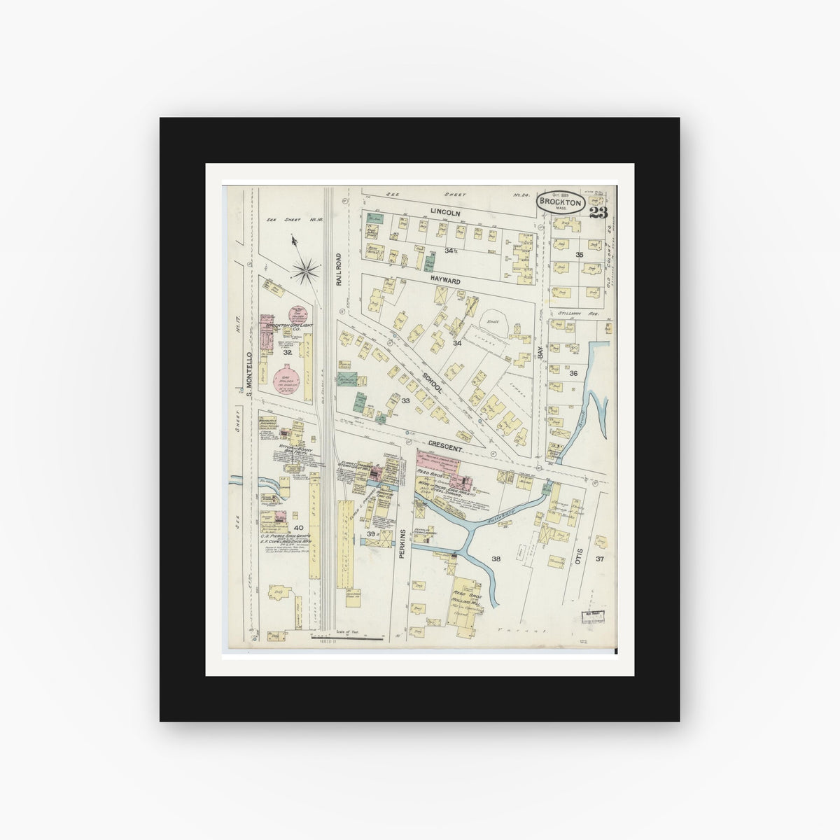 Old map wall art mockup — black gallery frame with white mat — Sanborn Fire Insurance Map from Brockton, Plymouth County, Massachusetts (1889), Sheet #0023