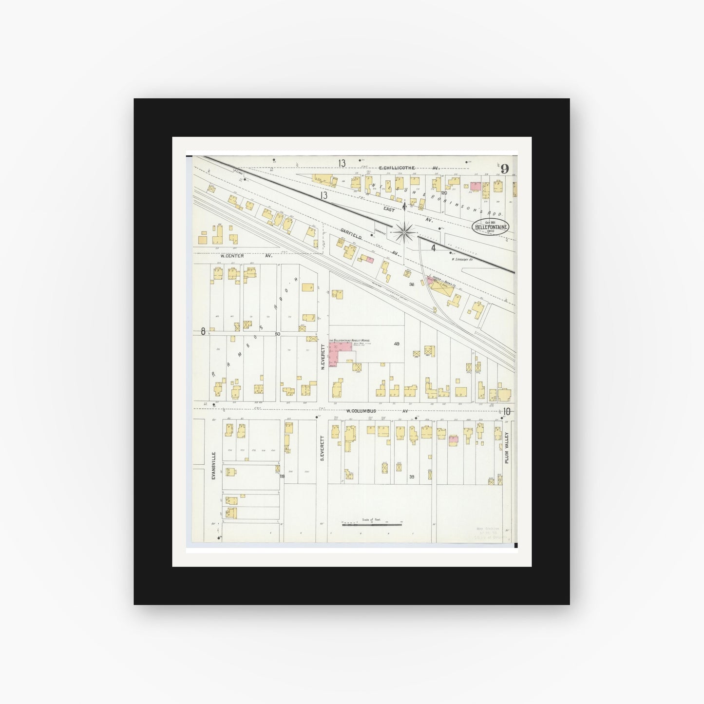 Old map wall art mockup — black gallery frame with white mat — Sanborn Fire Insurance Map from Bellefontaine, Logan County, Ohio (1901), Sheet #0009
