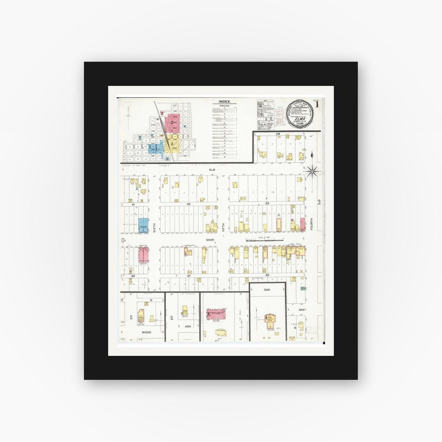 Old map wall art mockup — black gallery frame with white mat — Sanborn Fire Insurance Map from Elma, Howard County, Iowa (1900) — Complete Set