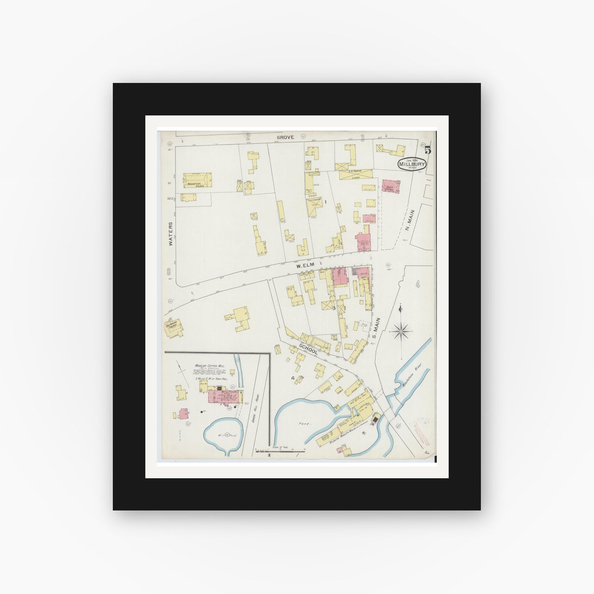 Old map wall art mockup — black gallery frame with white mat — Sanborn Fire Insurance Map from Millbury, Worcester County, Massachusetts (1894), Sheet #0005