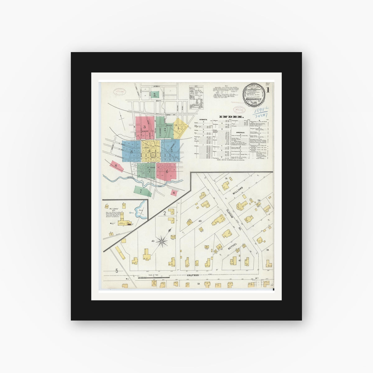 Old map wall art mockup — black gallery frame with white mat — Sanborn Fire Insurance Map from Waxahachie, Ellis County, Texas (1898) - Complete Map Set