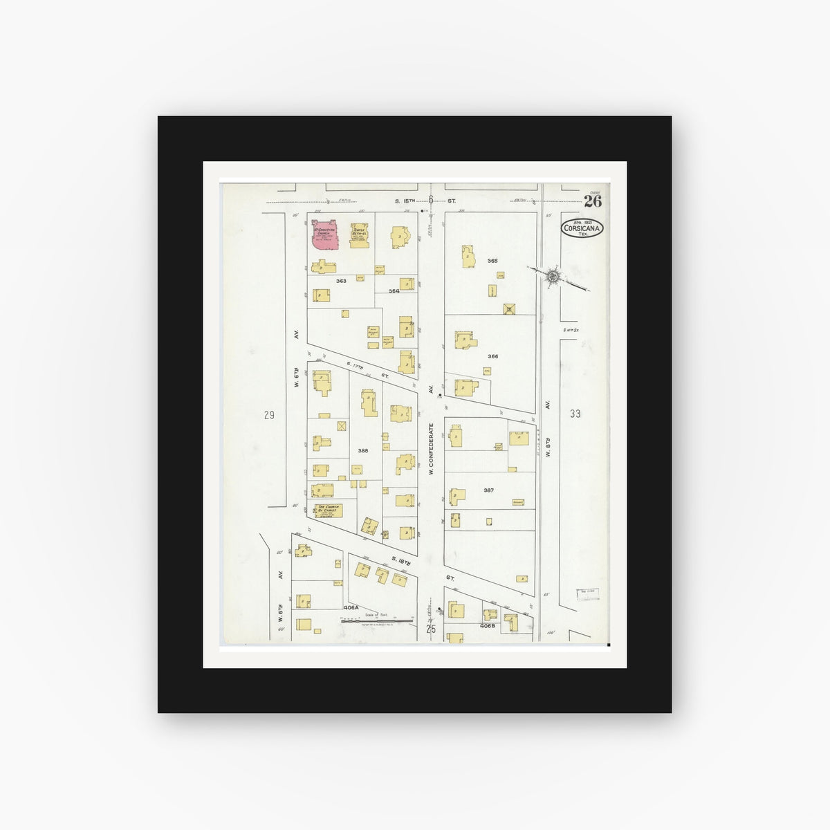 Old map wall art mockup — black gallery frame with white mat — Sanborn Map from Corsicana, Navarro County, Texas (1921), Sheet #0026