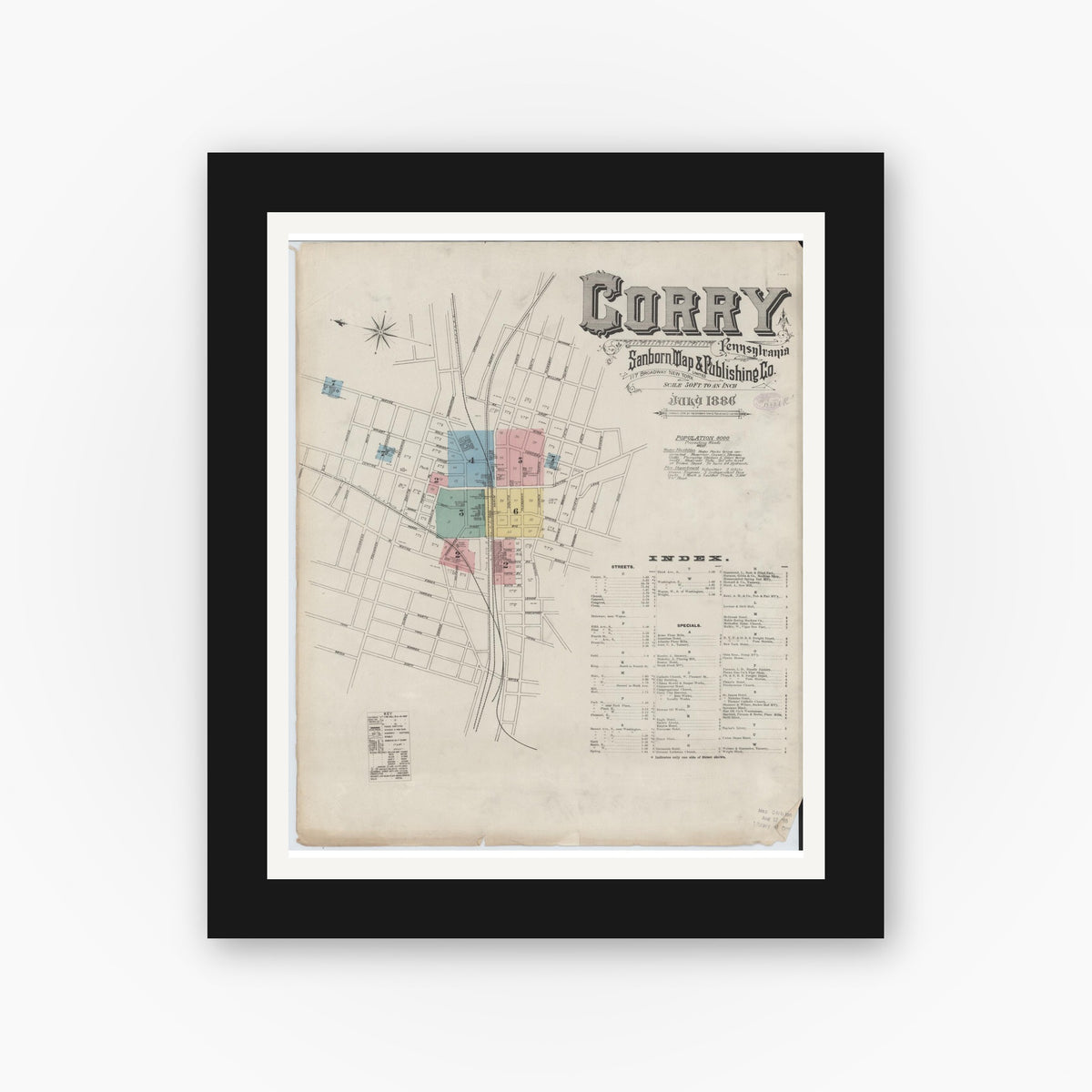 Old map wall art mockup — black gallery frame with white mat — Sanborn Fire Insurance Map from Corry, Erie County, Pennsylvania (1886) - Complete Map Set