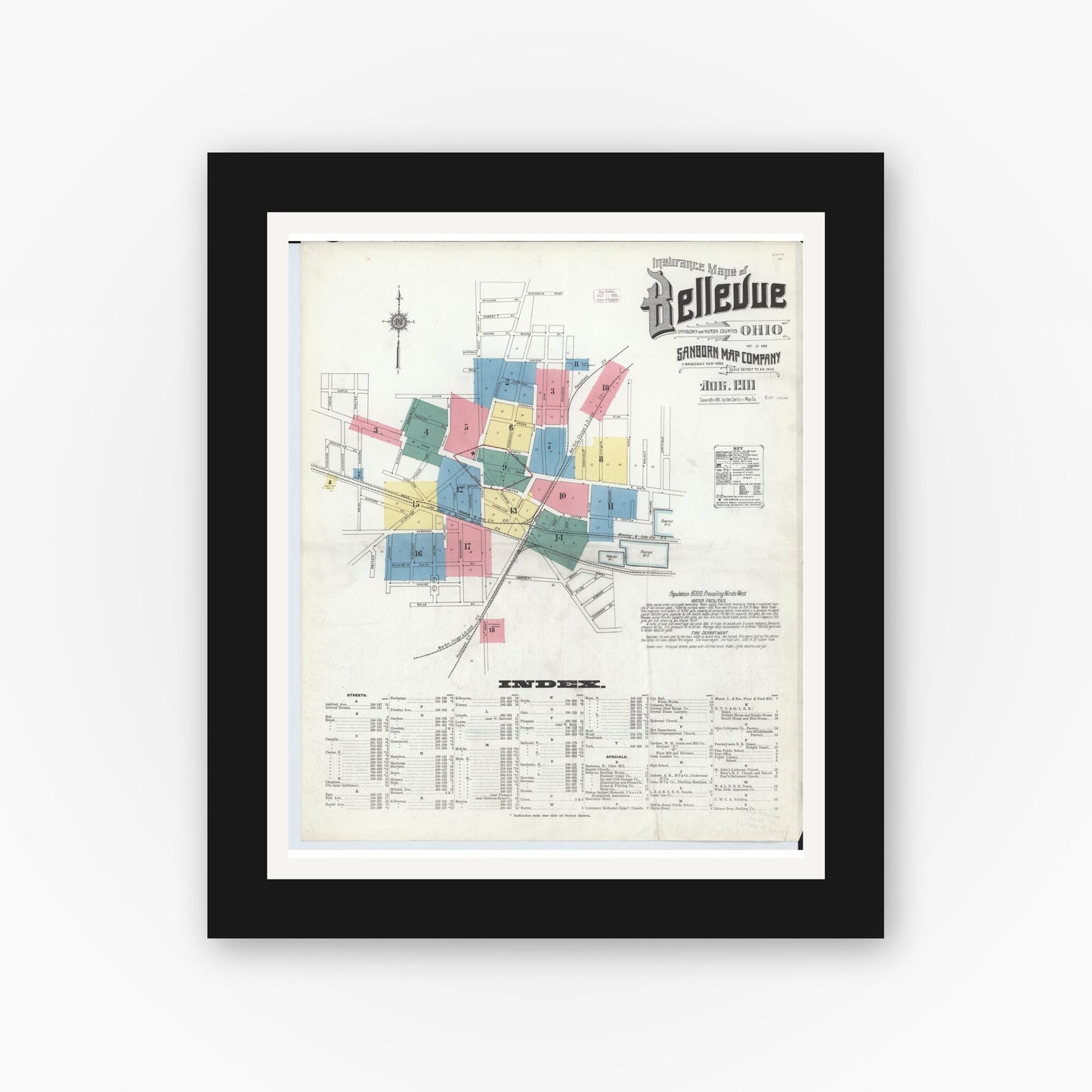 Old map wall art mockup — black gallery frame with white mat — Sanborn Fire Insurance Map from Bellevue, Huron And Sandusky County, Ohio (1911) - Complete Map Set