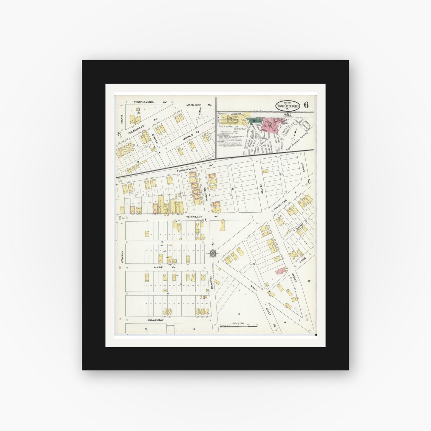 Old map wall art mockup — black gallery frame with white mat — Sanborn Fire Insurance Map from Turtle Creek Valley, Allegheny County, Pennsylvania (1911), Sheet #0006