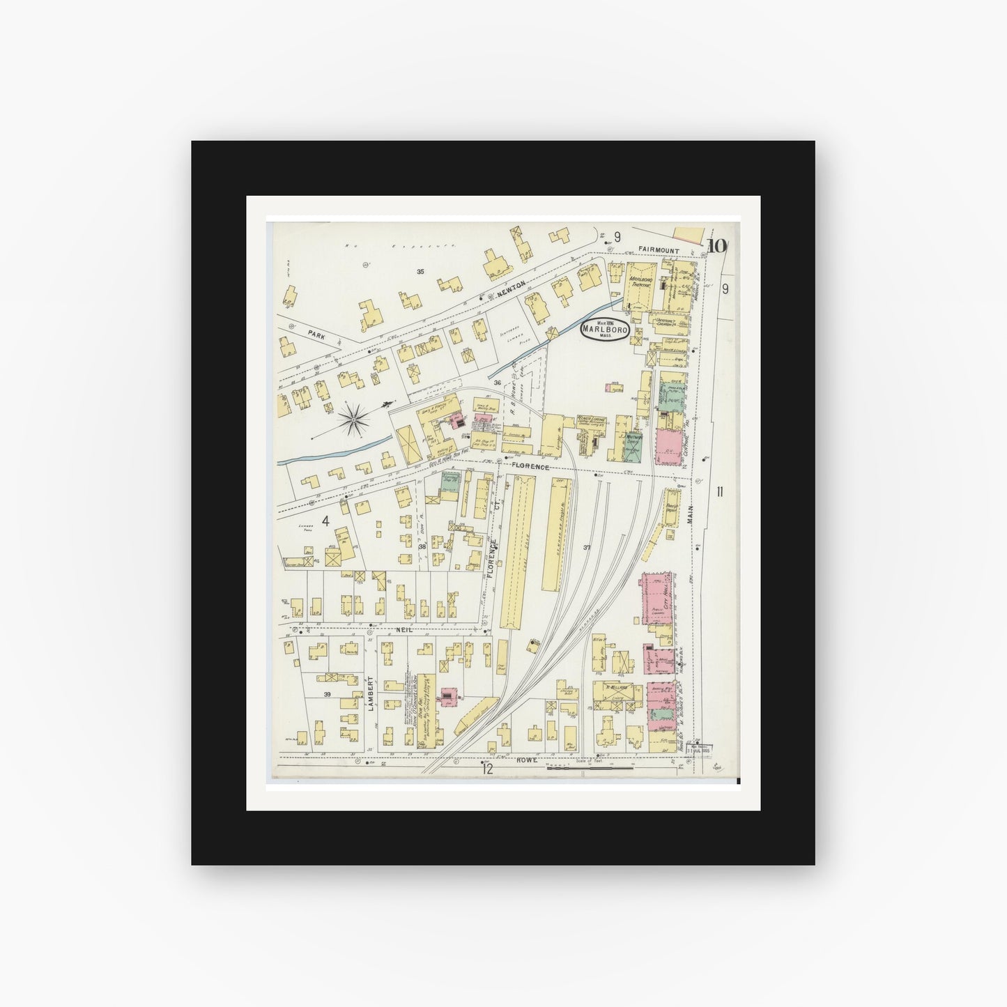 Old map wall art mockup — black gallery frame with white mat — Sanborn Fire Insurance Map from Marlborough, Middlesex County, Massachusetts (1896), Sheet #0010