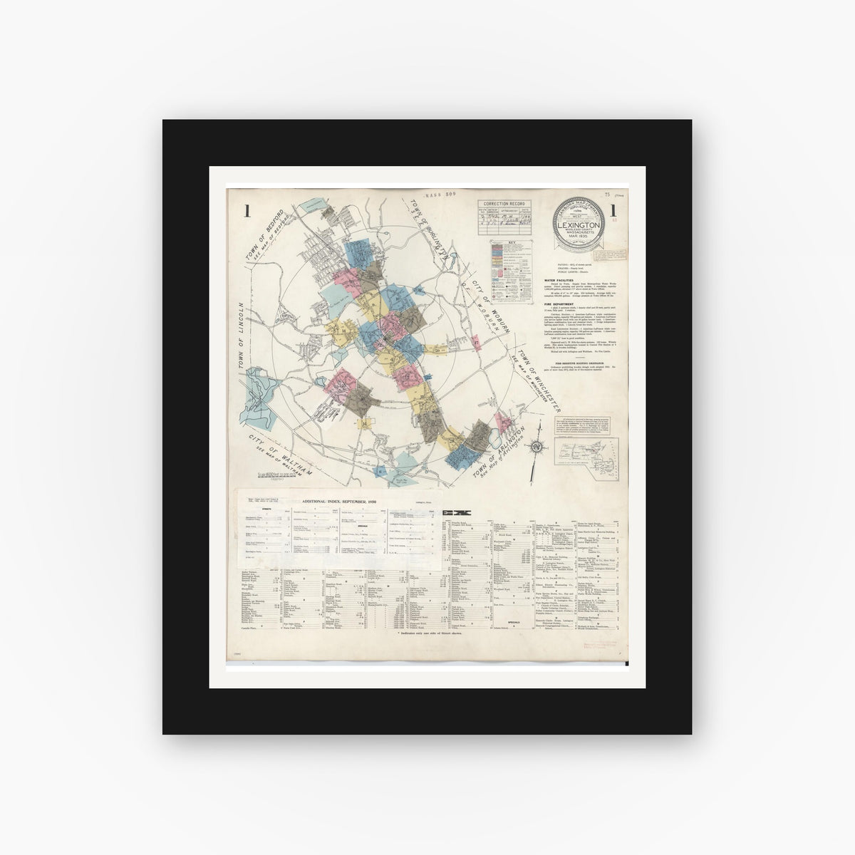 Old map wall art mockup — black gallery frame with white mat — Sanborn Fire Insurance Map from Lexington, Middlesex County, Massachusetts (1950), Sheet #0001