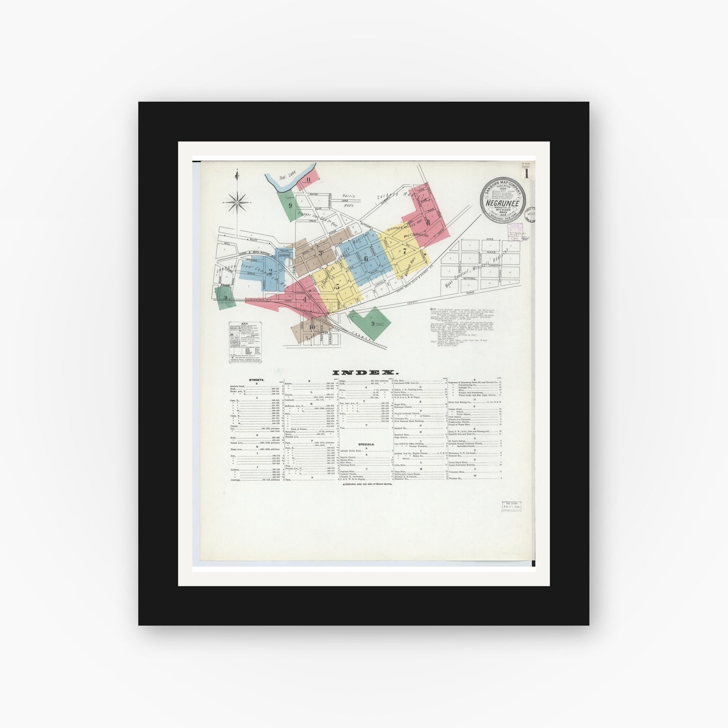 Old map wall art mockup — black gallery frame with white mat — Sanborn Fire Insurance Map from Negaunee, Marquette County, Michigan (1902) - Complete Map Set