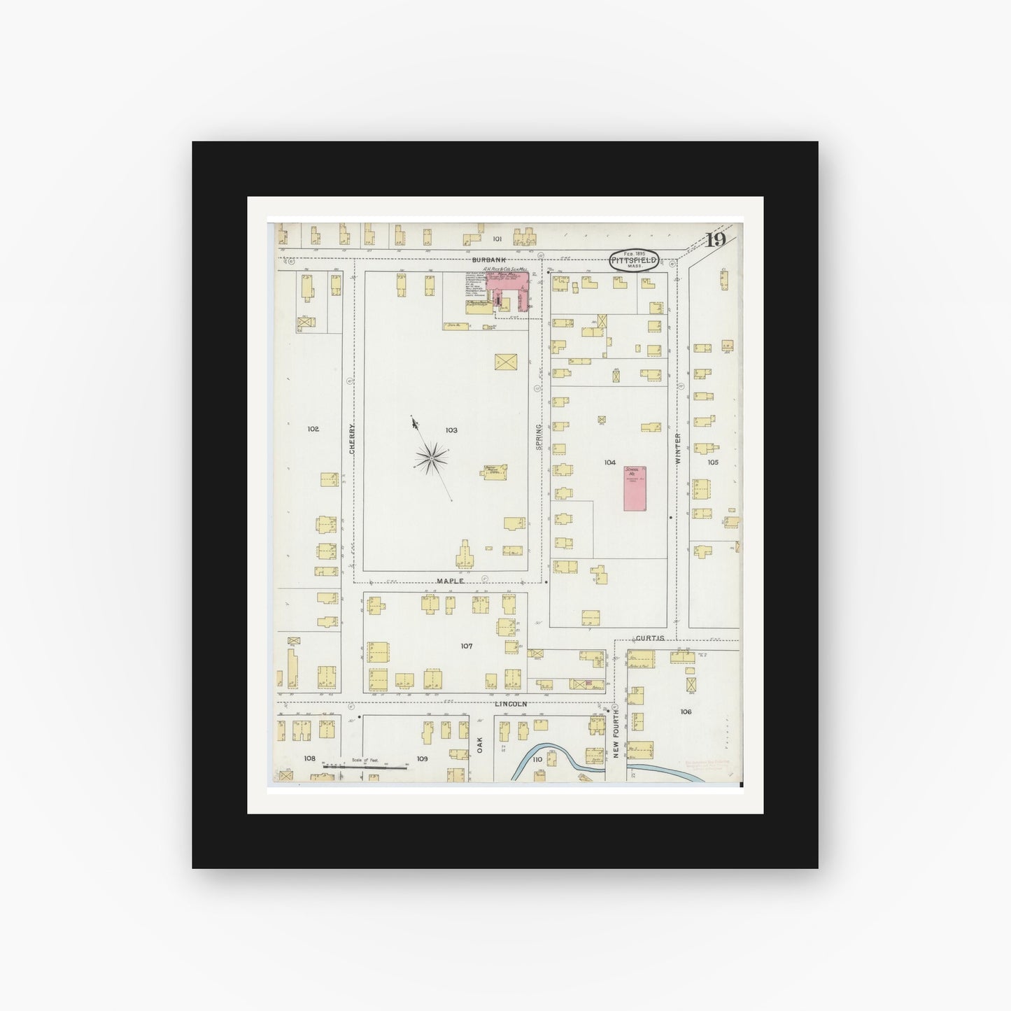 Old map wall art mockup — black gallery frame with white mat — Sanborn Fire Insurance Map from Pittsfield, Berkshire County, Massachusetts (1895), Sheet #0019