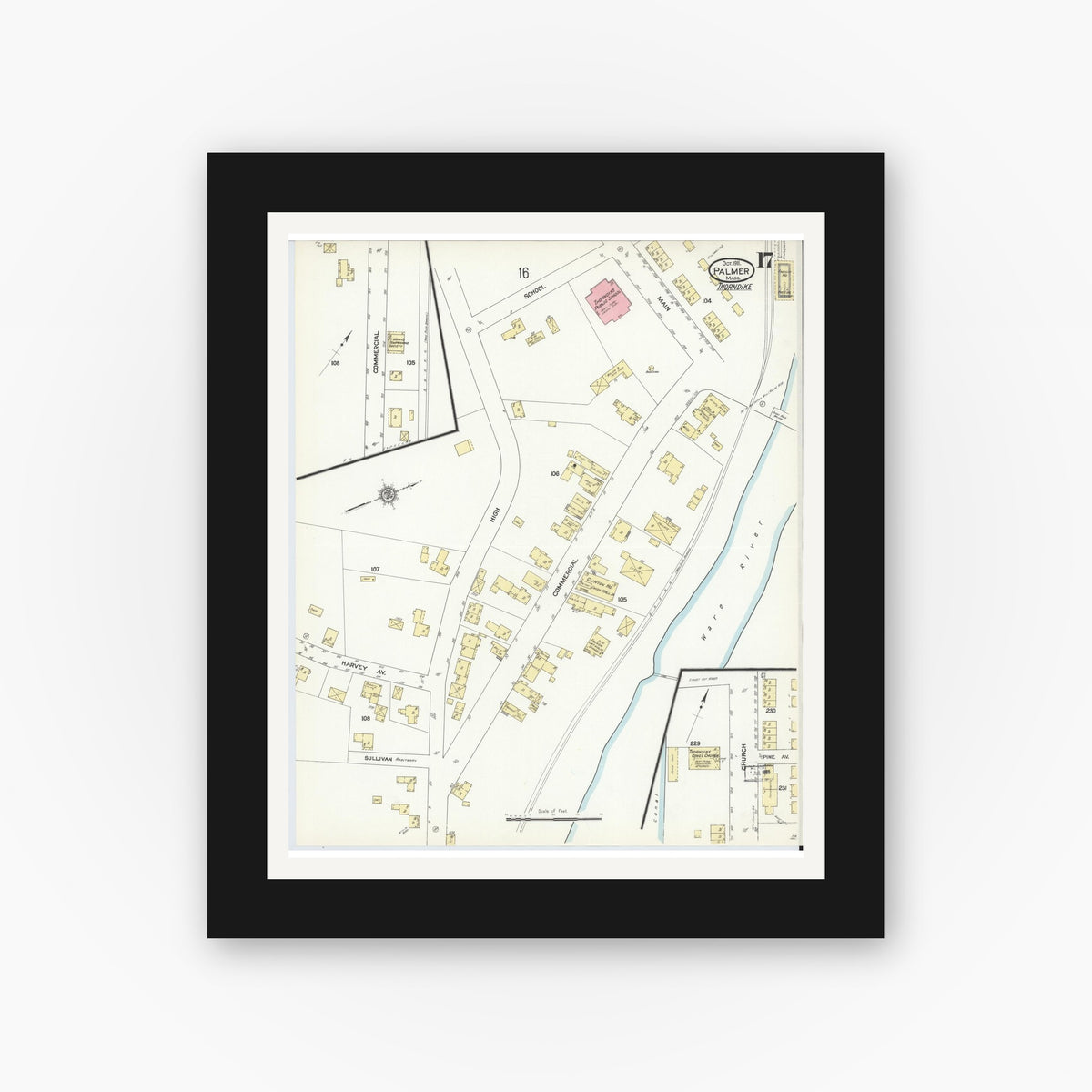 Old map wall art mockup — black gallery frame with white mat — Sanborn Fire Insurance Map from Palmer, Hampden County, Massachusetts (1911), Sheet #0017