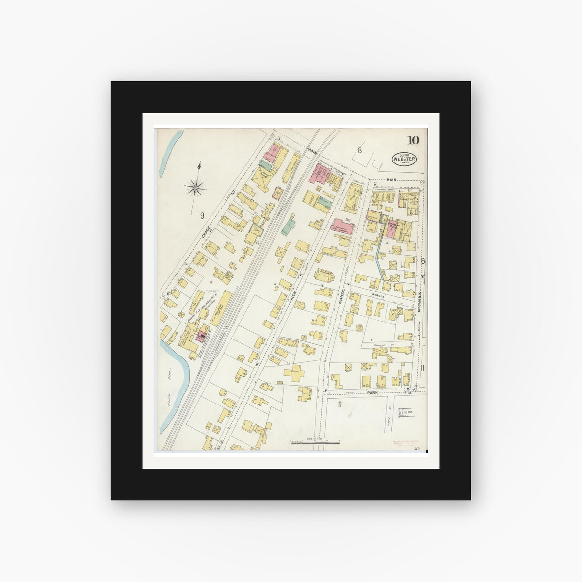 Old map wall art mockup — black gallery frame with white mat — Sanborn Fire Insurance Map from Webster, Worcester County, Massachusetts (1898), Sheet #0010