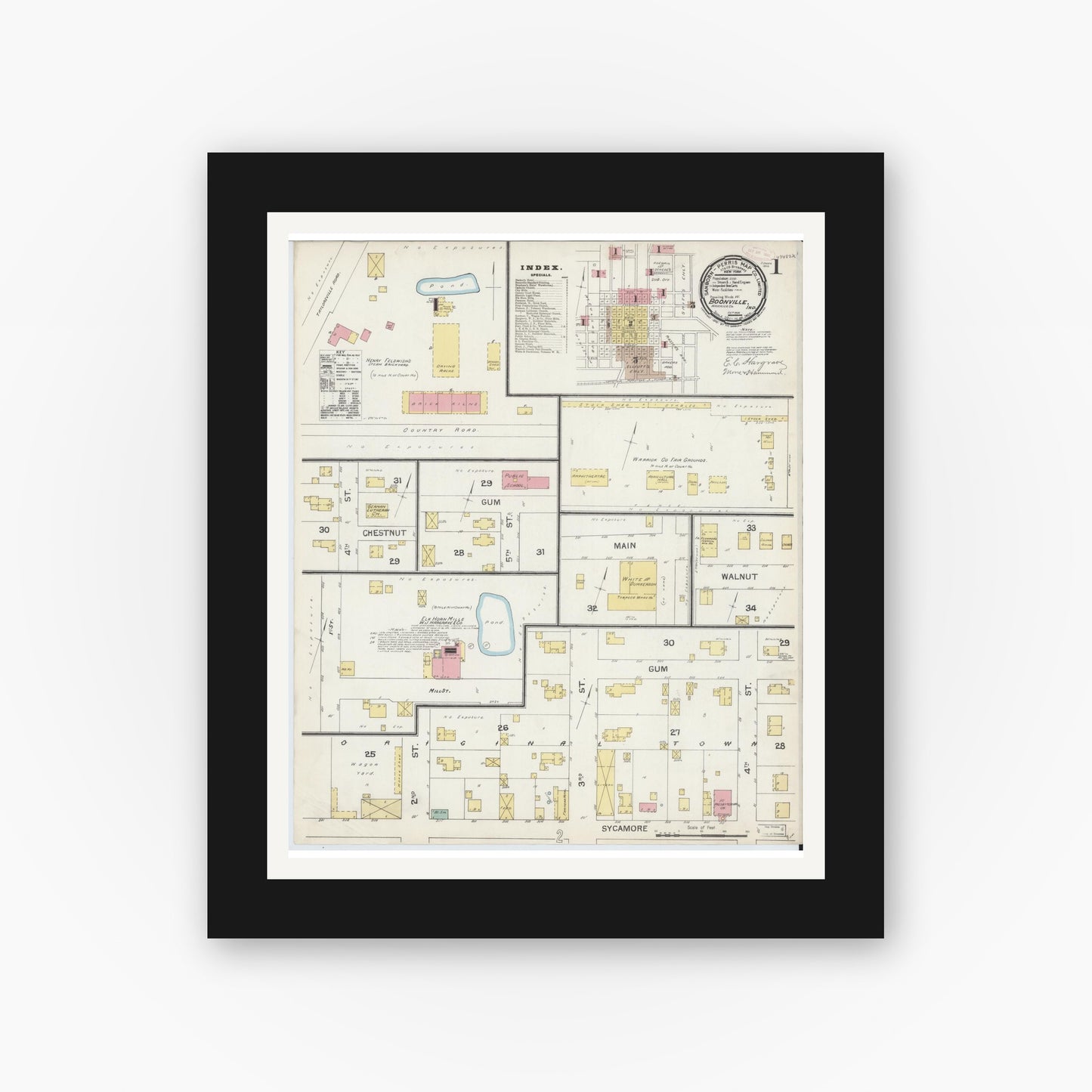 Old map wall art mockup — black gallery frame with white mat — Sanborn Fire Insurance Map from Boonville, Warrick County, Indiana (1892) - Complete Map Set