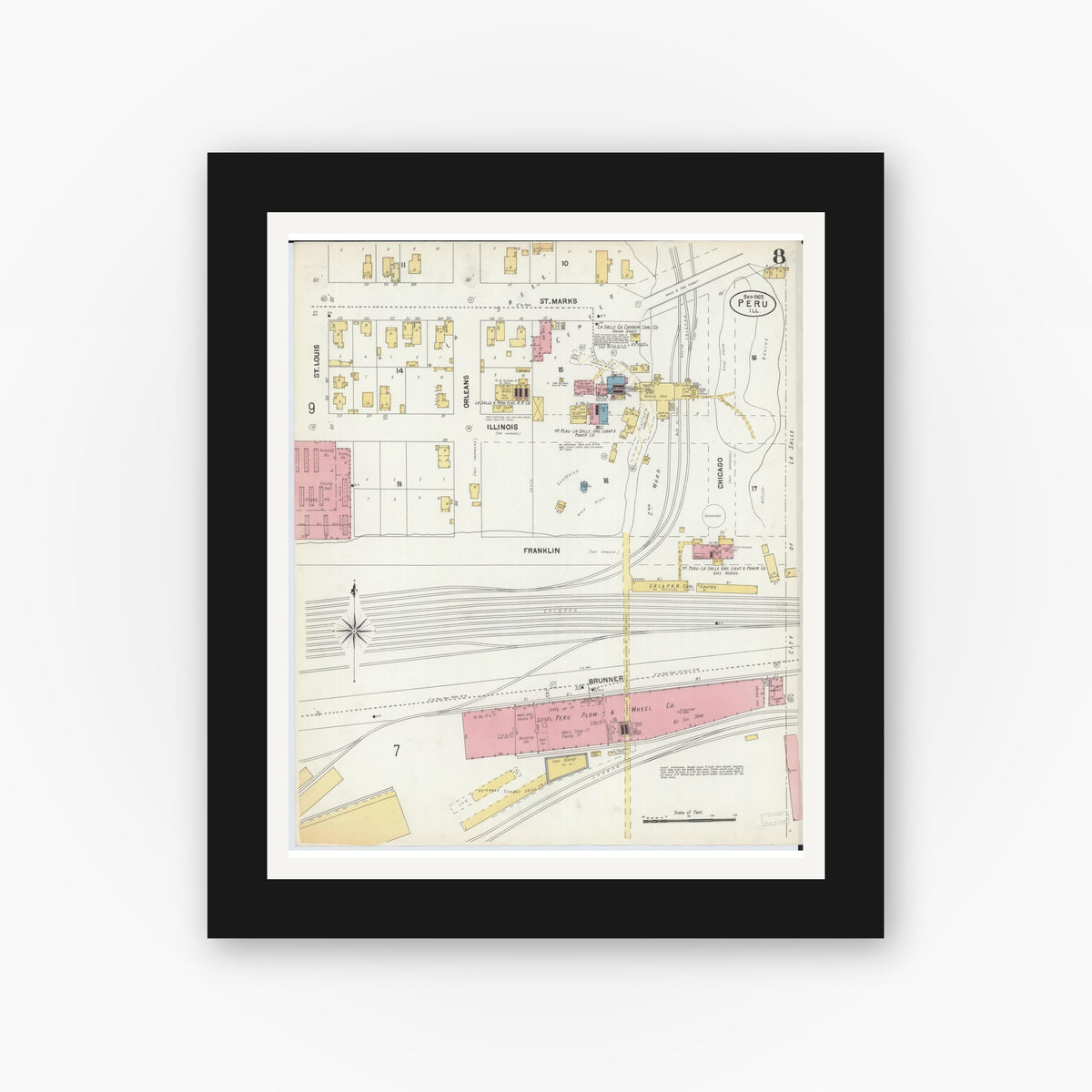 Old map wall art mockup — black gallery frame with white mat — Sanborn Fire Insurance Map from Peru, La Salle County, Illinois (1902), Sheet #0008