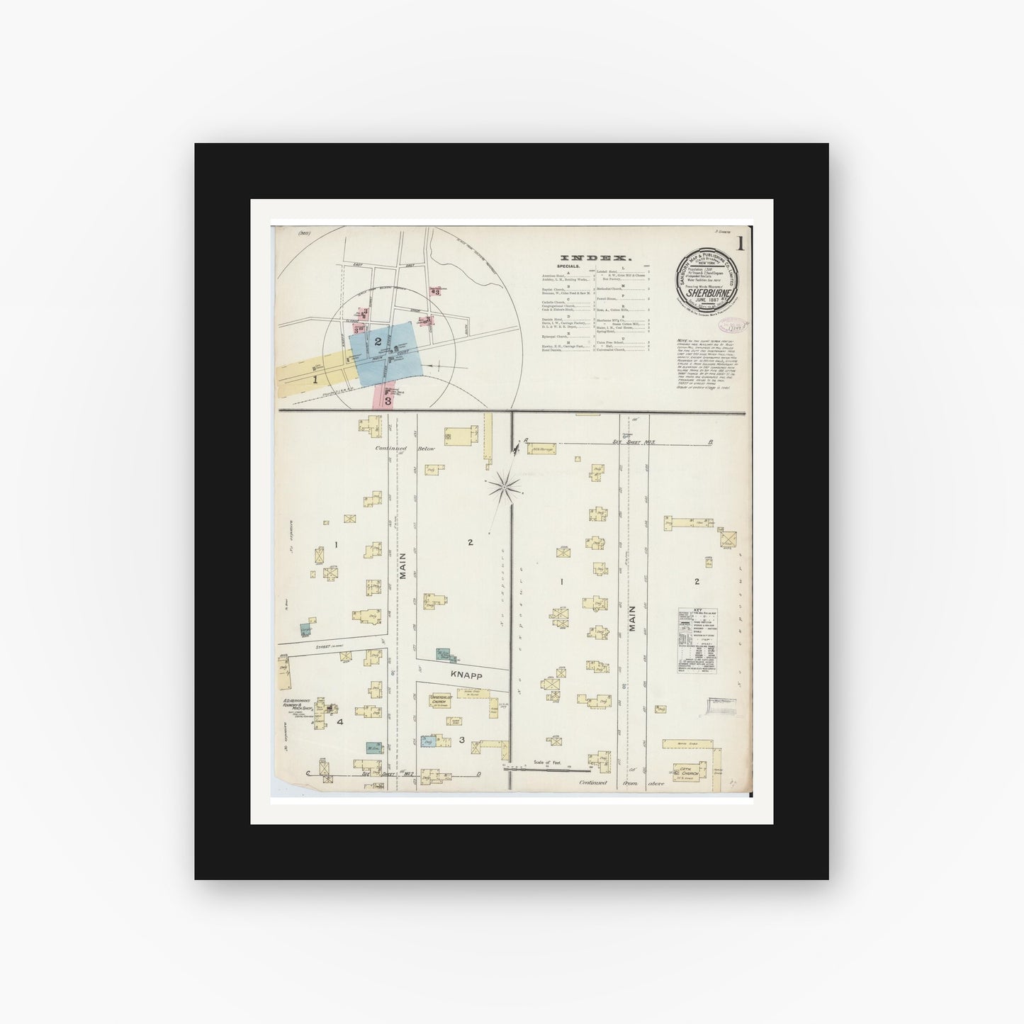 Old map wall art mockup — black gallery frame with white mat — Sanborn Fire Insurance Map from Sherburne, Chenango County, New York (1887), Sheet #0001