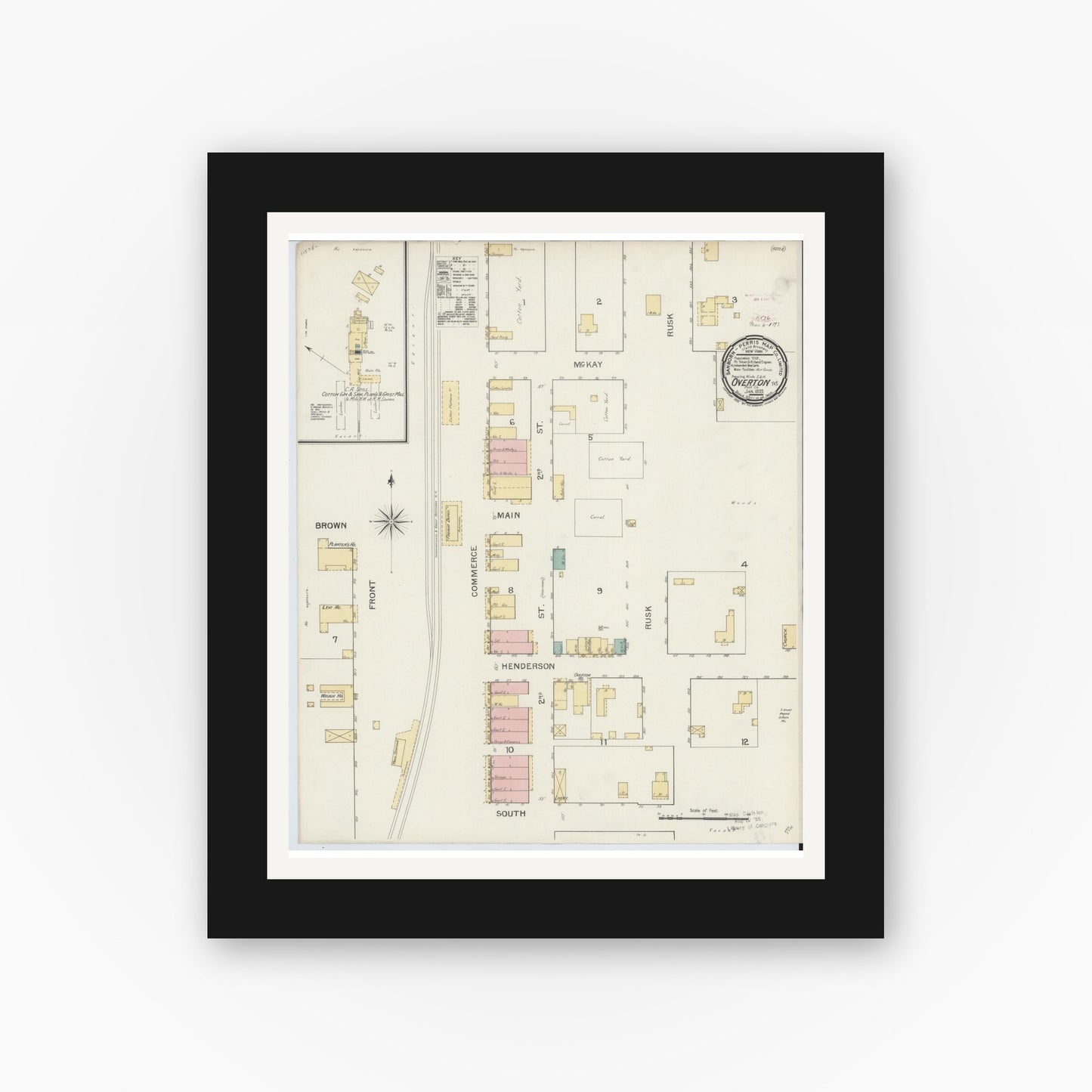 Old map wall art mockup — black gallery frame with white mat — Sanborn Fire Insurance Map from Overton, Rusk County, Texas (1893), Sheet #0001
