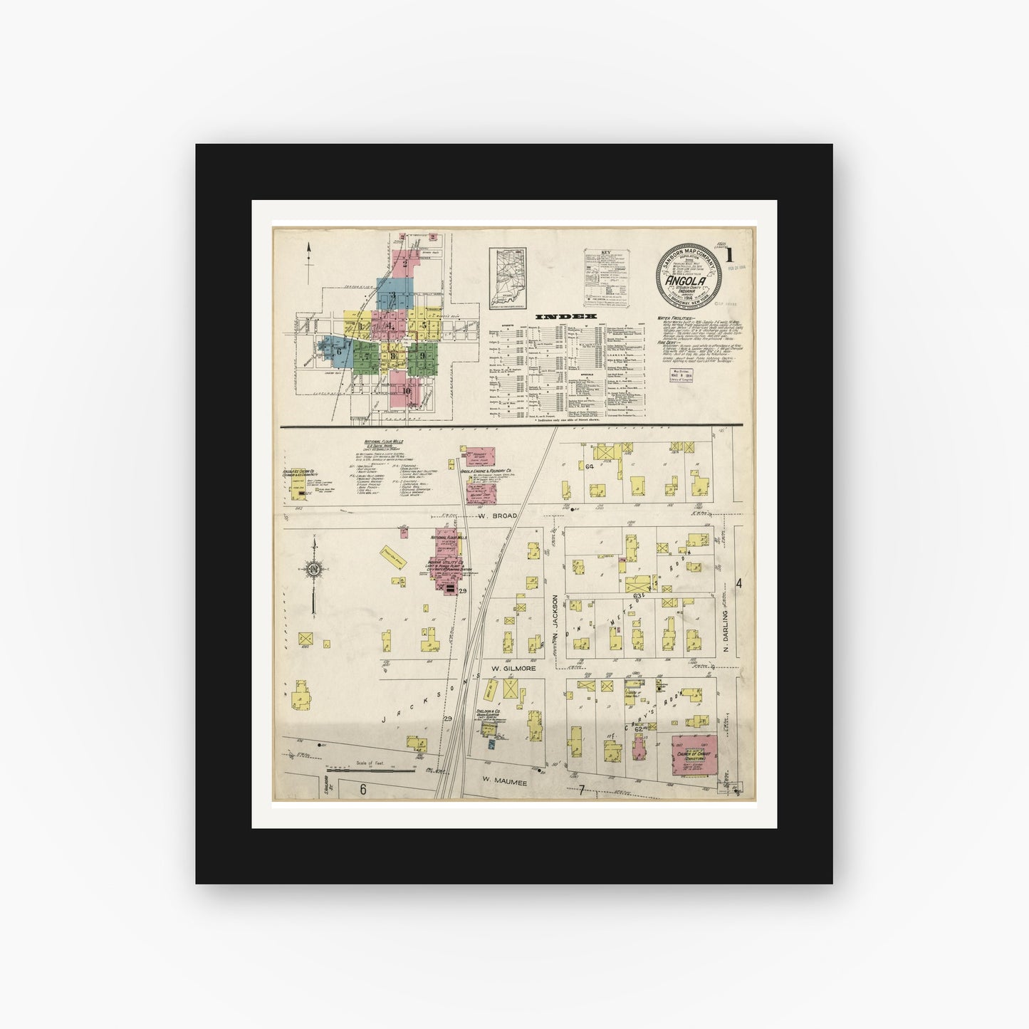 Old map wall art mockup — black gallery frame with white mat — Sanborn Fire Insurance Map from Angola, Steuben County, Indiana (1914), Sheet #0001