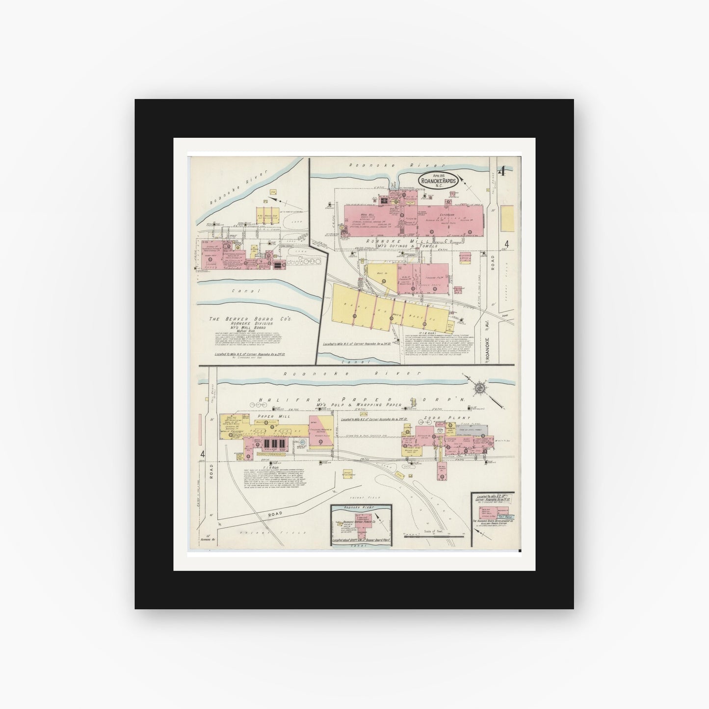 Old map wall art mockup — black gallery frame with white mat — Sanborn Fire Insurance Map from Roanoke Rapids, Halifax County, North Carolina (1915), Sheet #0004