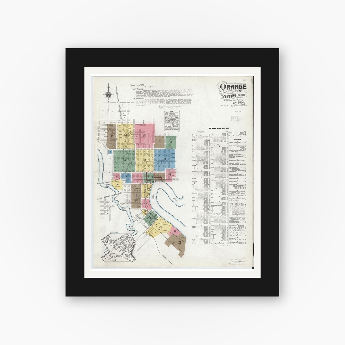 Old map wall art mockup — black gallery frame with white mat — Sanborn Fire Insurance Map from Orange, Orange County, Texas (1919), Sheet #0001