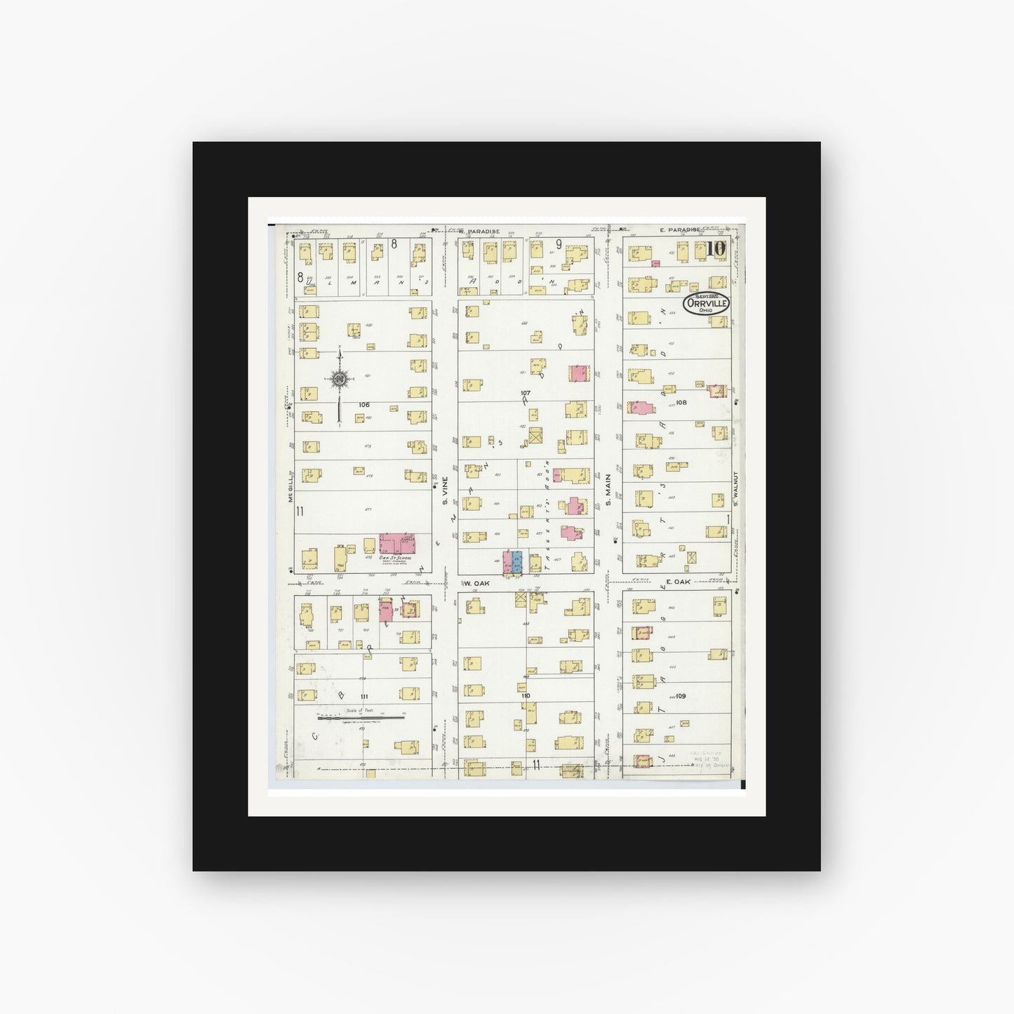 Old map wall art mockup — black gallery frame with white mat — Sanborn Fire Insurance Map from Orrville, Wayne County, Ohio (1920), Sheet #0010
