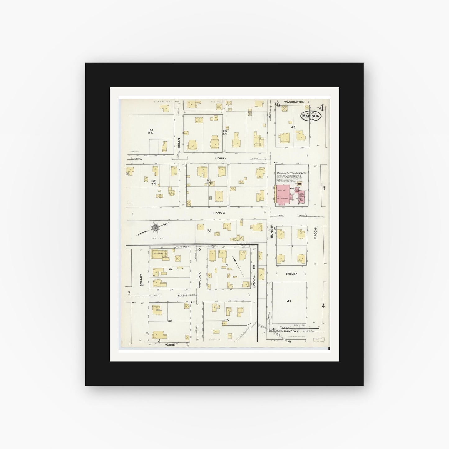 Old map wall art mockup — black gallery frame with white mat — Sanborn Fire Insurance Map from Madison, Madison County, Florida (1917), Sheet #0004
