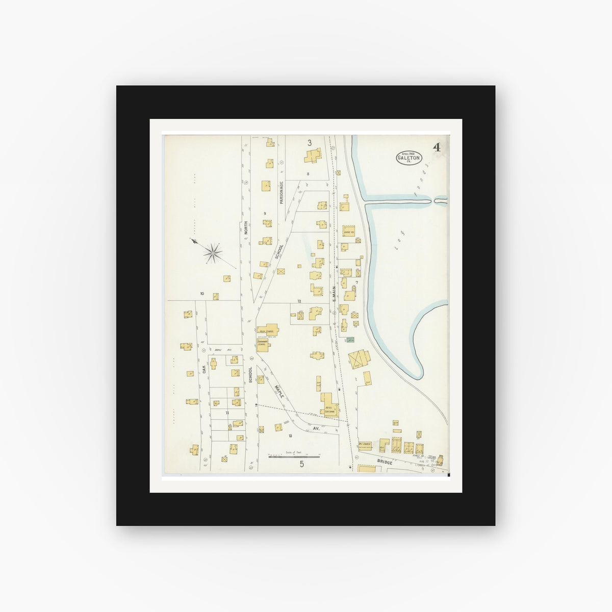 Old map wall art mockup — black gallery frame with white mat — Sanborn Fire Insurance Map from Galeton, Potter County, Pennsylvania (1900), Sheet #0004