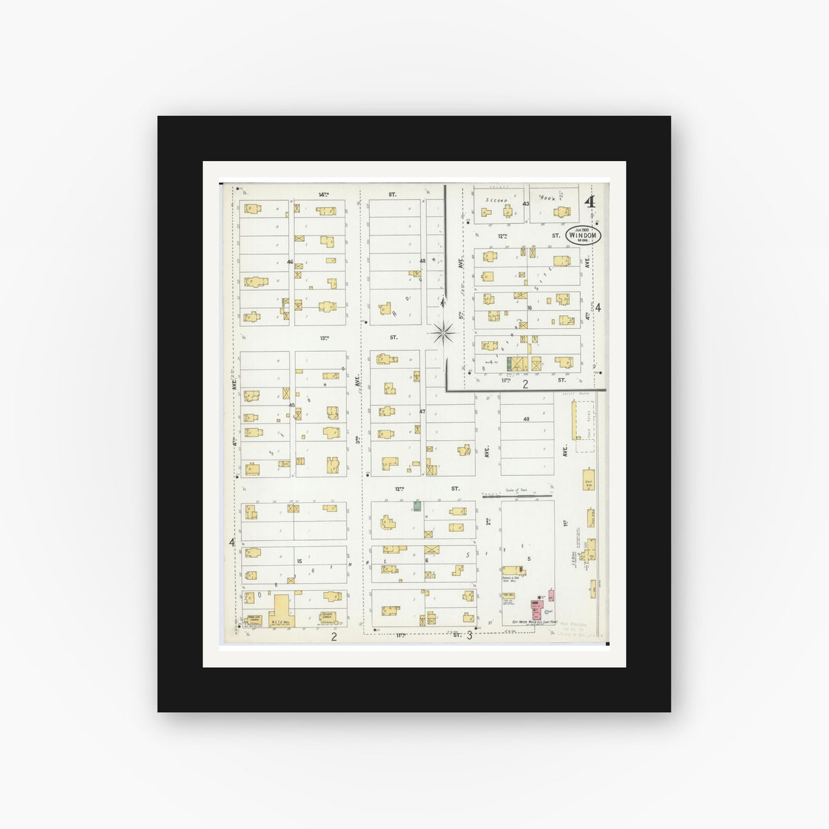 Old map wall art mockup — black gallery frame with white mat — Sanborn Fire Insurance Map from Windom, Cottonwood County, Minnesota (1900), Sheet #0004