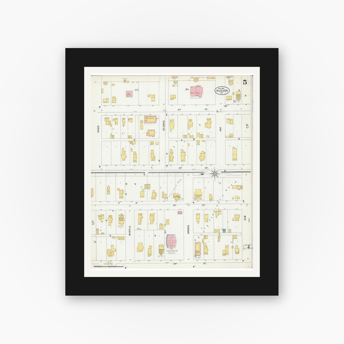 Old map wall art mockup — black gallery frame with white mat — Sanborn Fire Insurance Map from Hudson, St. Croix County, Wisconsin (1900), Sheet #0005