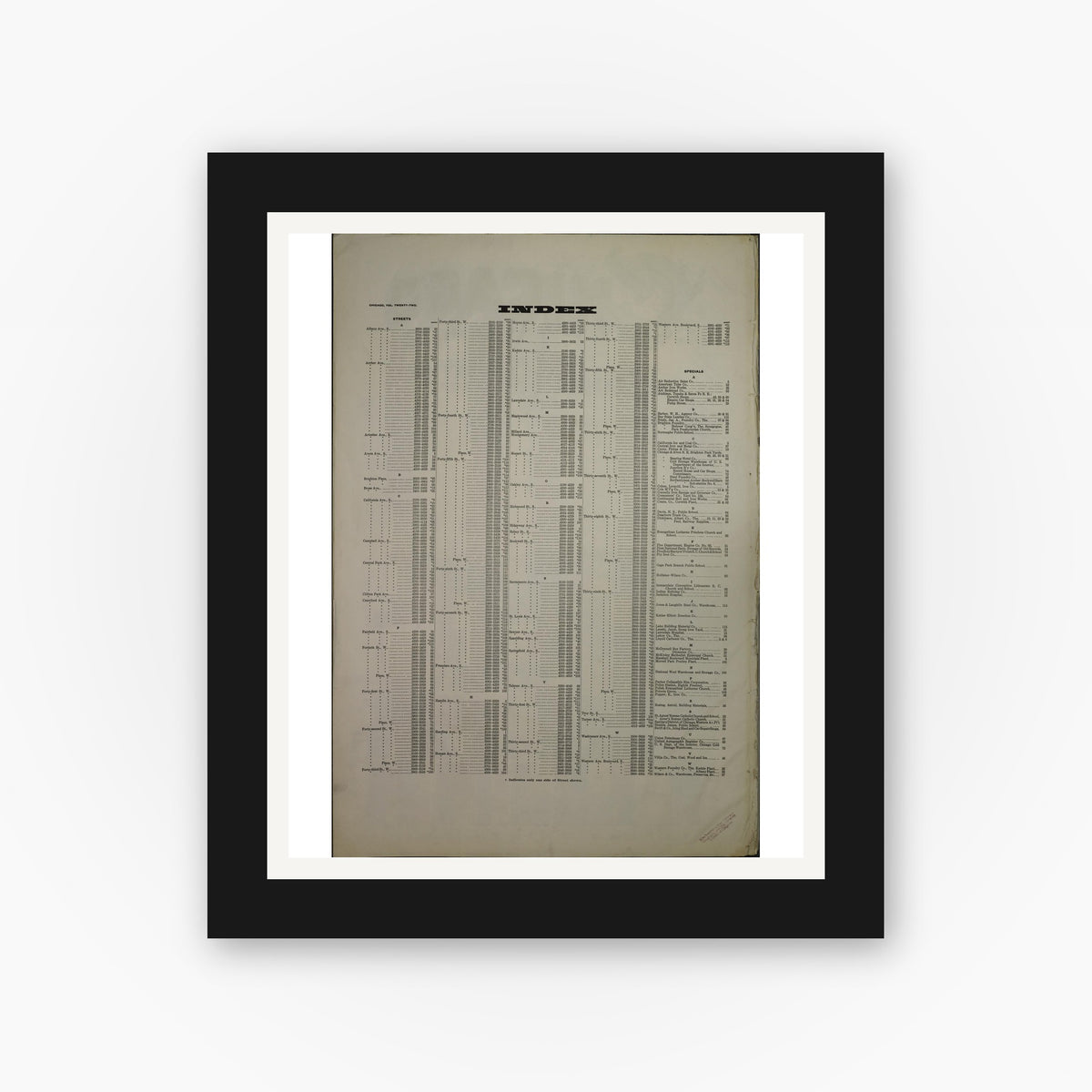 Old map wall art mockup — black gallery frame with white mat — Sanborn Fire Insurance Map from Chicago, Cook County, Illinois (1919), Sheet #0001