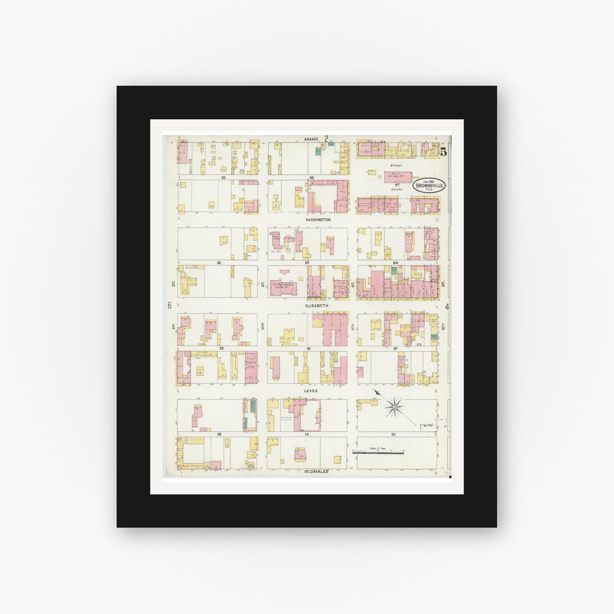 Old map wall art mockup — black gallery frame with white mat — Sanborn Fire Insurance Map from Brownsville, Cameron County, Texas (1906), Sheet #0005