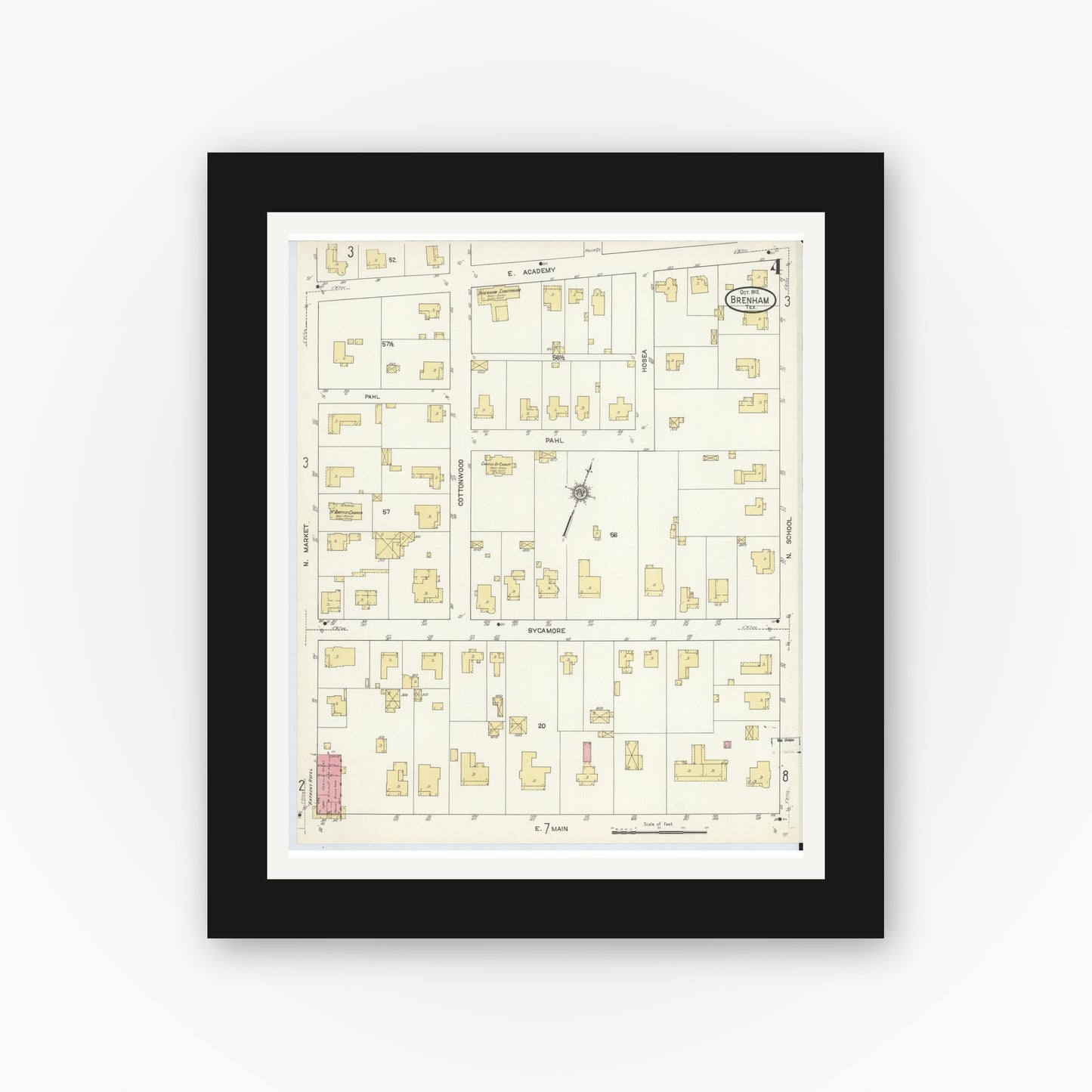 Old map wall art mockup — black gallery frame with white mat — Sanborn Fire Insurance Map from Brenham, Washington County, Texas (1912), Sheet #0004