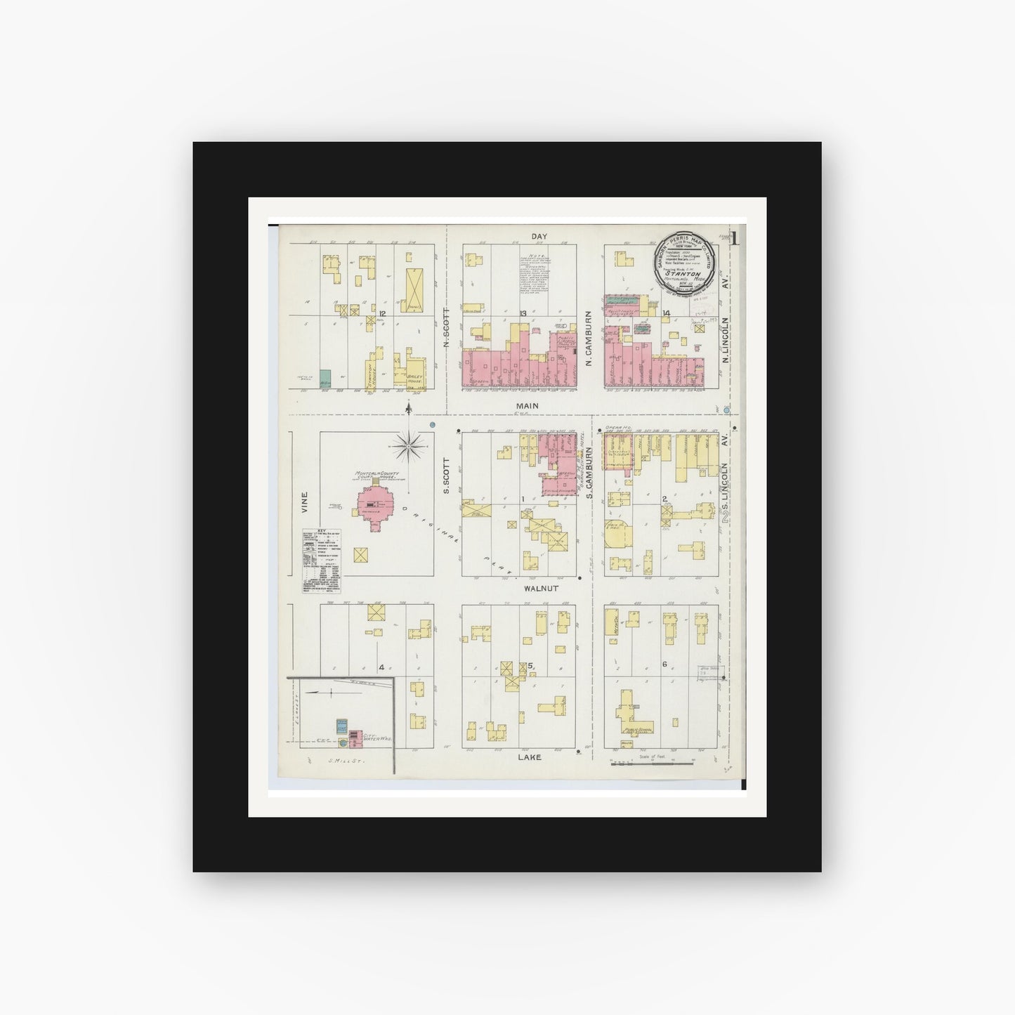 Old map wall art mockup — black gallery frame with white mat — Sanborn Fire Insurance Map from Stanton, Montcalm County, Michigan (1892) - Complete Map Set