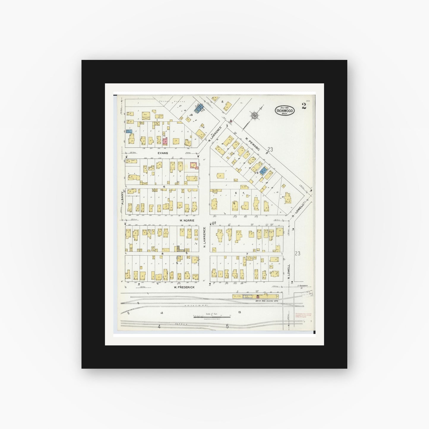Old map wall art mockup — black gallery frame with white mat — Sanborn Fire Insurance Map from Ironwood, Gogebic County, Michigan (1921), Sheet #0002