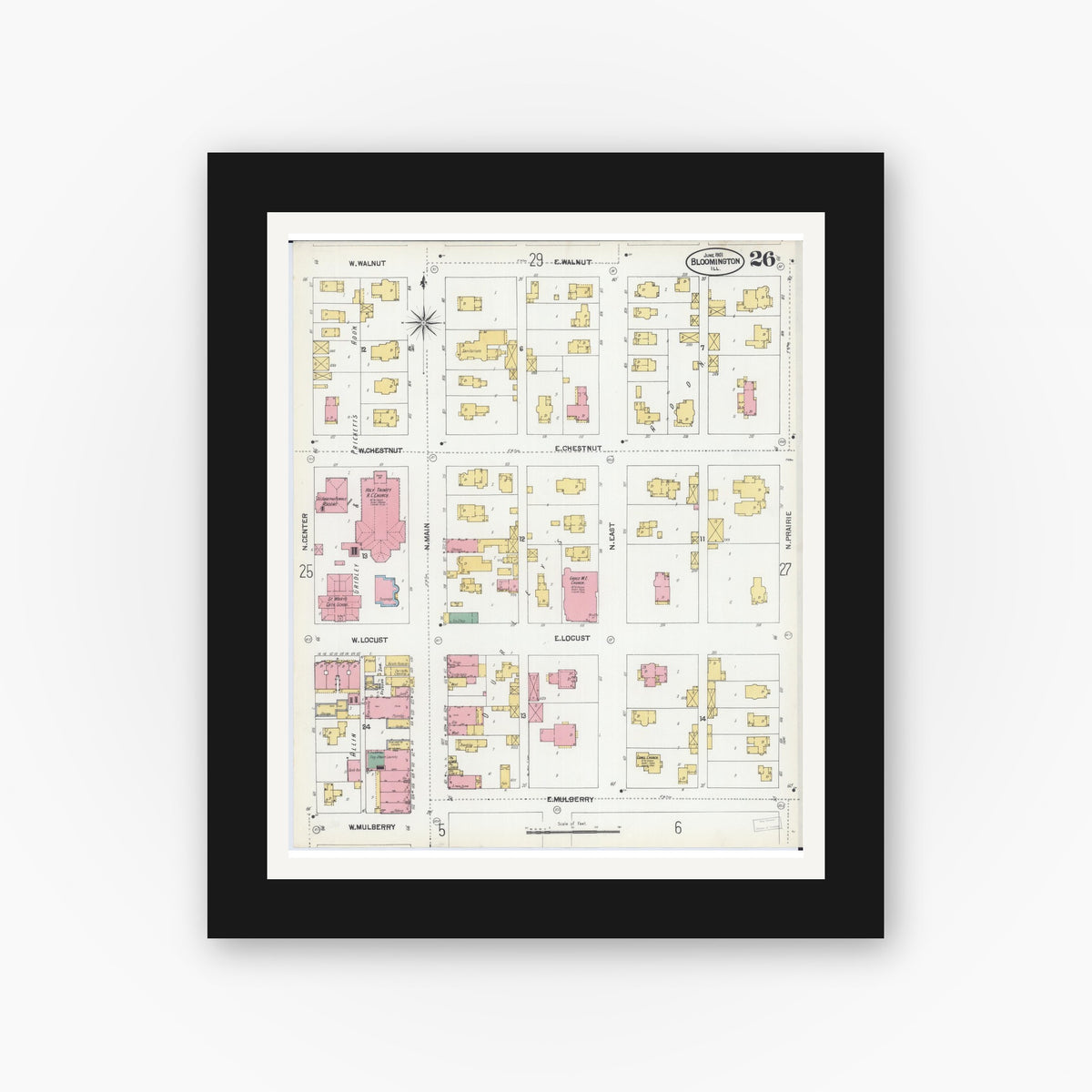 Old map wall art mockup — black gallery frame with white mat — Sanborn Fire Insurance Map from Bloomington, McLean County, Illinois (1901), Sheet #0026