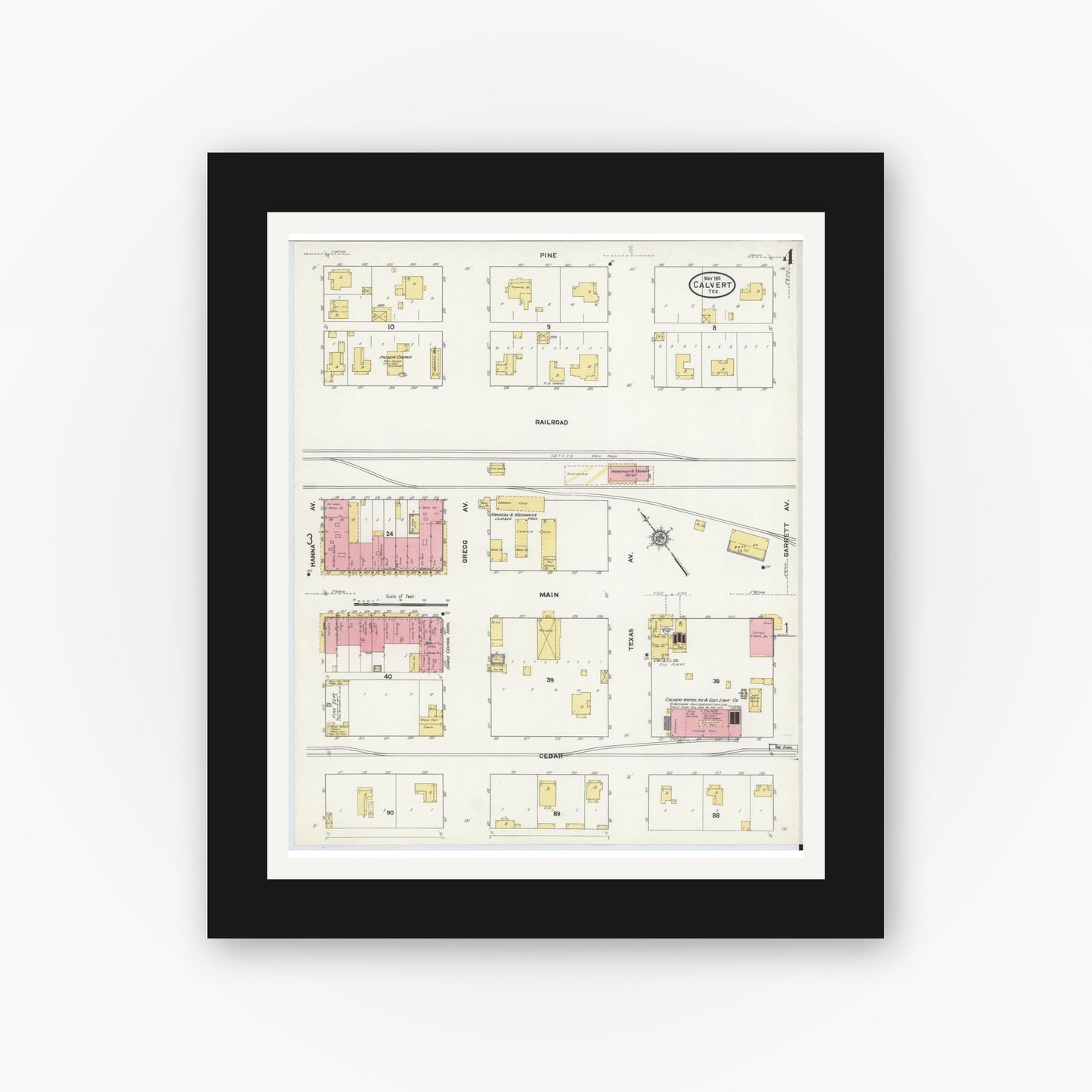 Old map wall art mockup — black gallery frame with white mat — Sanborn Fire Insurance Map from Calvert, Robertson County, Texas (1911), Sheet #0004