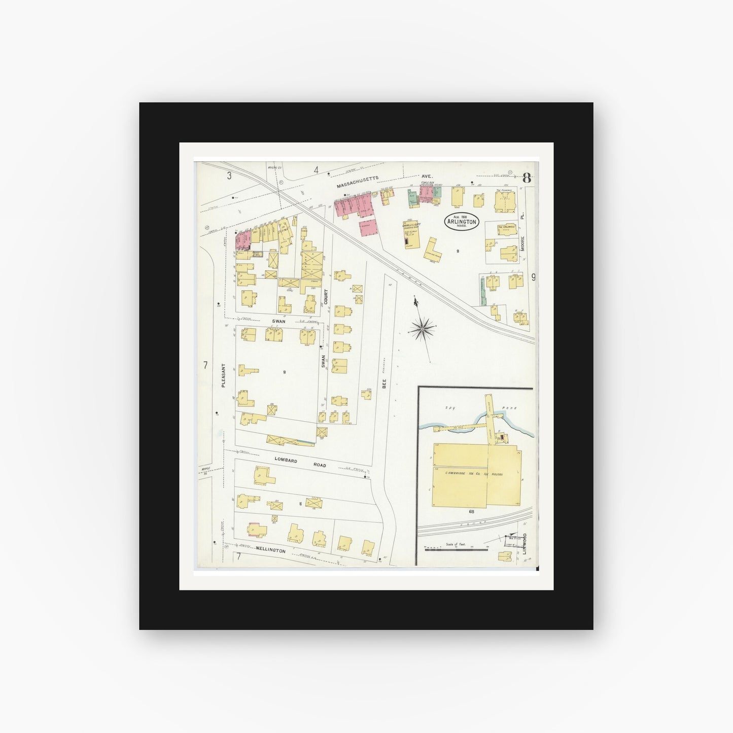 Old map wall art mockup — black gallery frame with white mat — Sanborn Fire Insurance Map from Arlington, Middlesex County, Massachusetts (1908), Sheet #0008